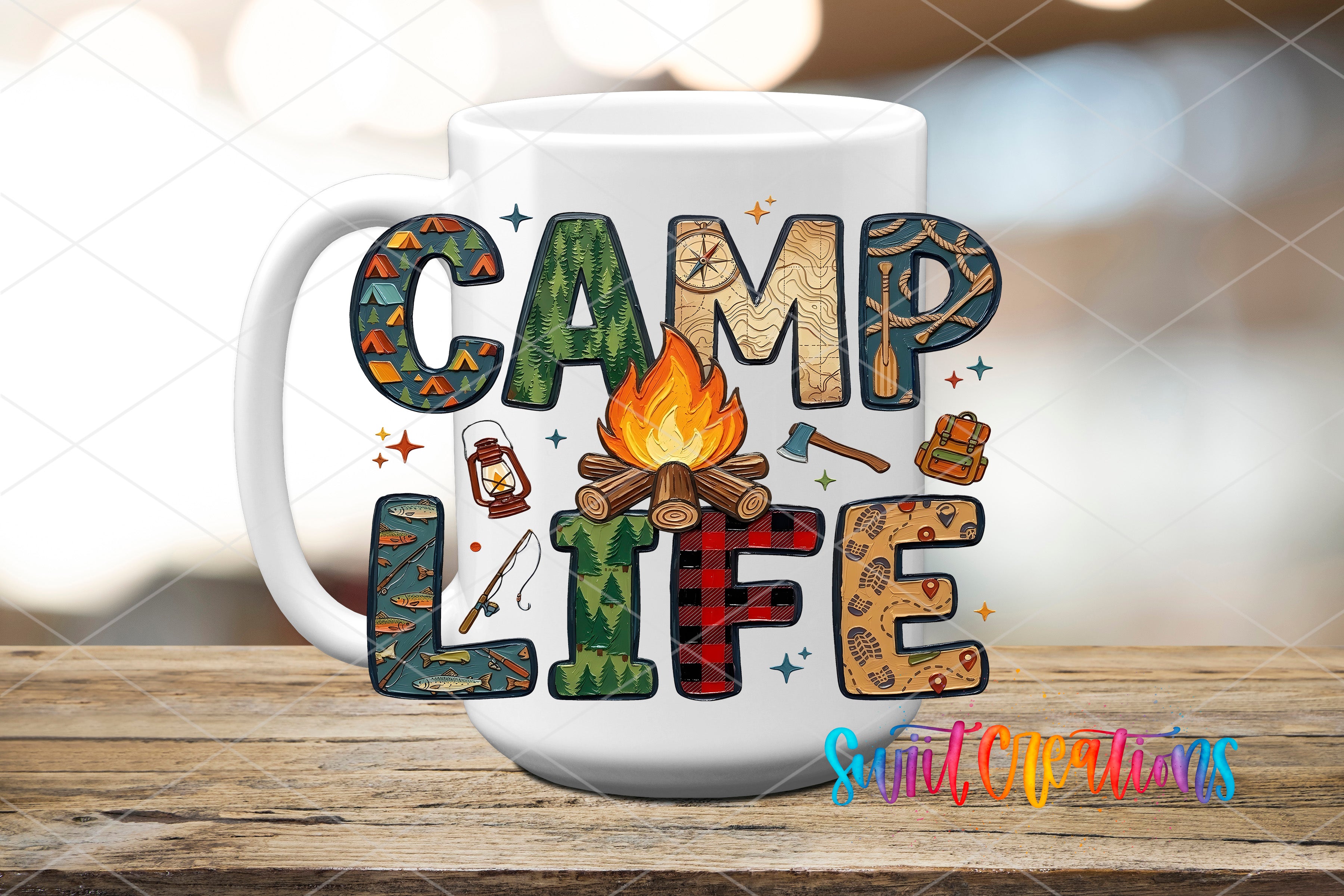 A white mug with the word "CAMP LIFE" written on it, surrounded by various camping-related items such as a campfire, tent, lantern, and hiking boots.