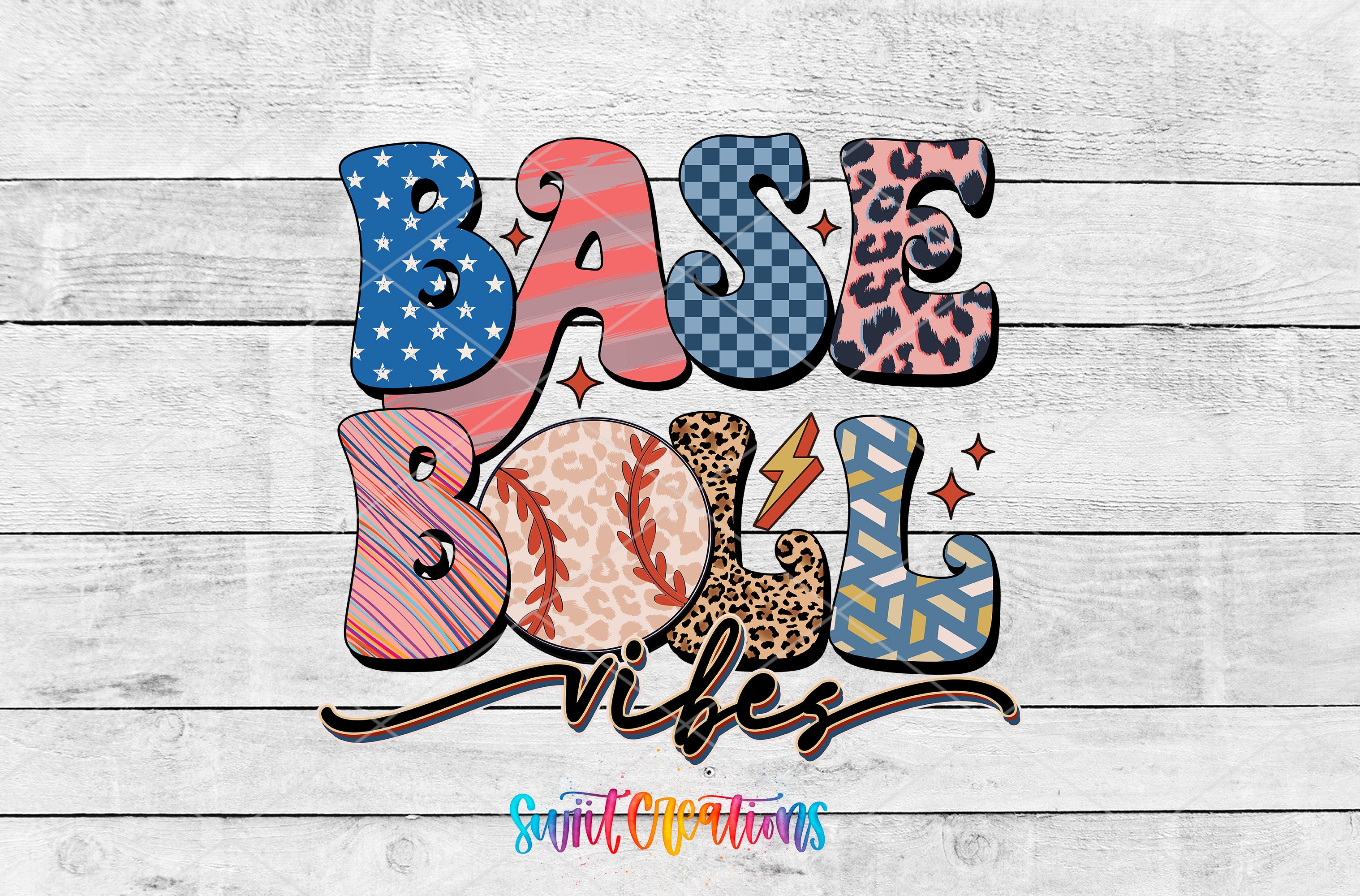 a colorful and stylized text design that reads "BASEBALL VIBES" with various decorative elements such as stars, stripes, and leopard print.