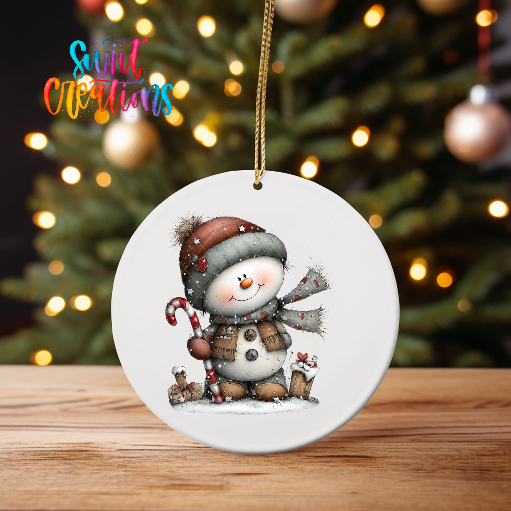 A white ornament featuring a snowman with a scarf and hat, holding a candy cane and presents, is displayed in front of a blurred Christmas tree with twinkling lights.