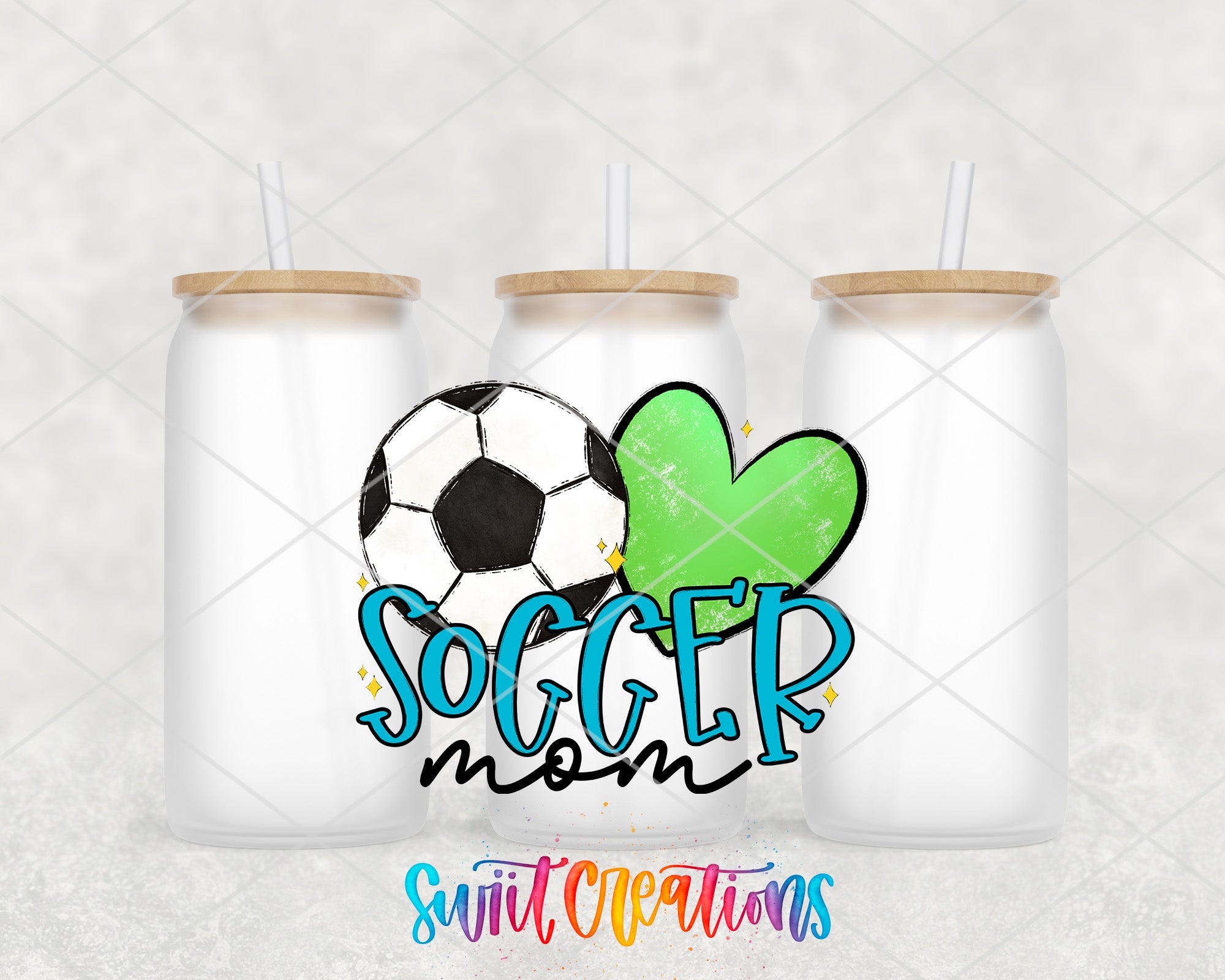 three white tumblers with straws, each containing a soccer ball and a heart, along with the text "SOCCER mom" written in a colorful, stylized font.
