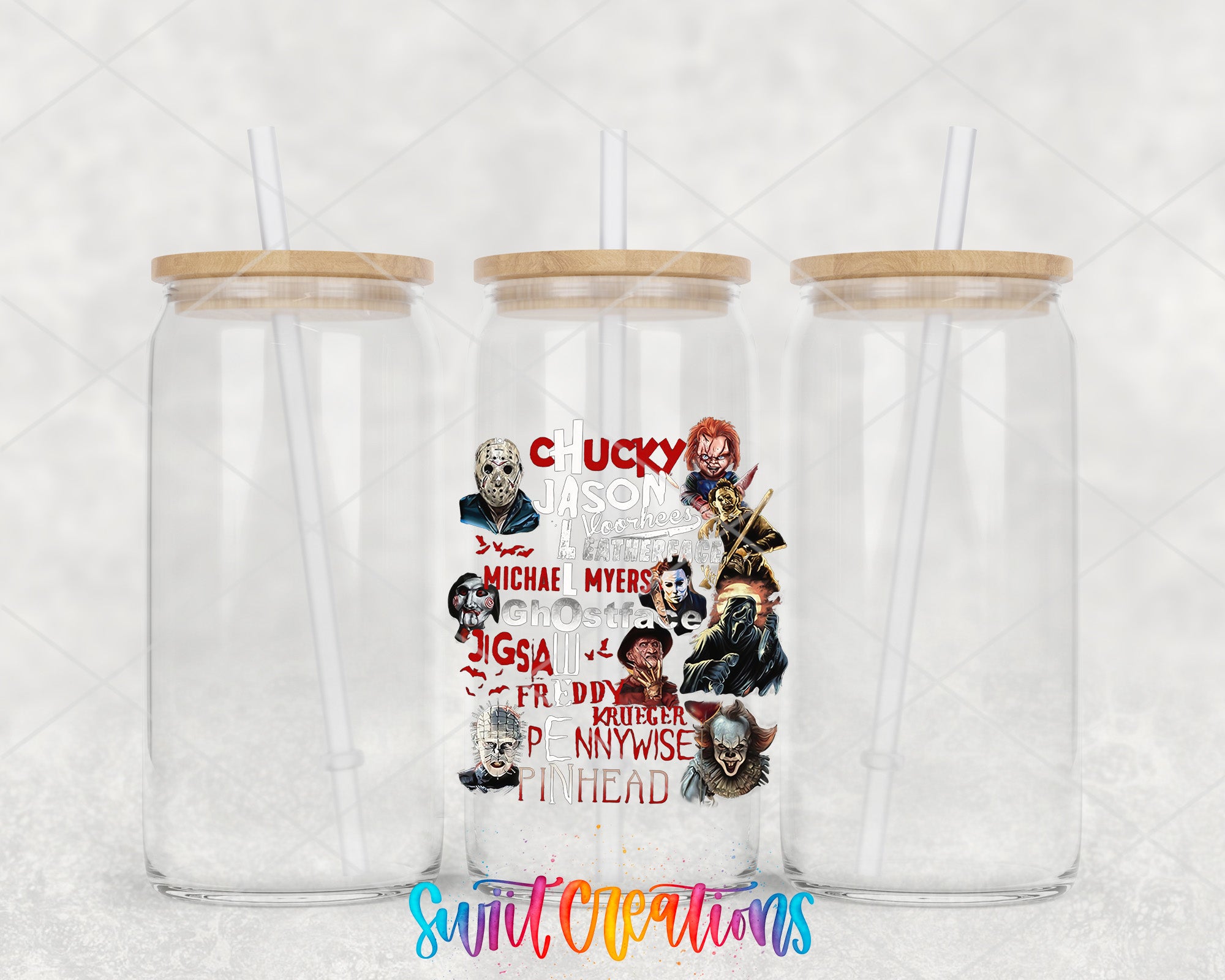 a couple of clear cups with some stickers on them