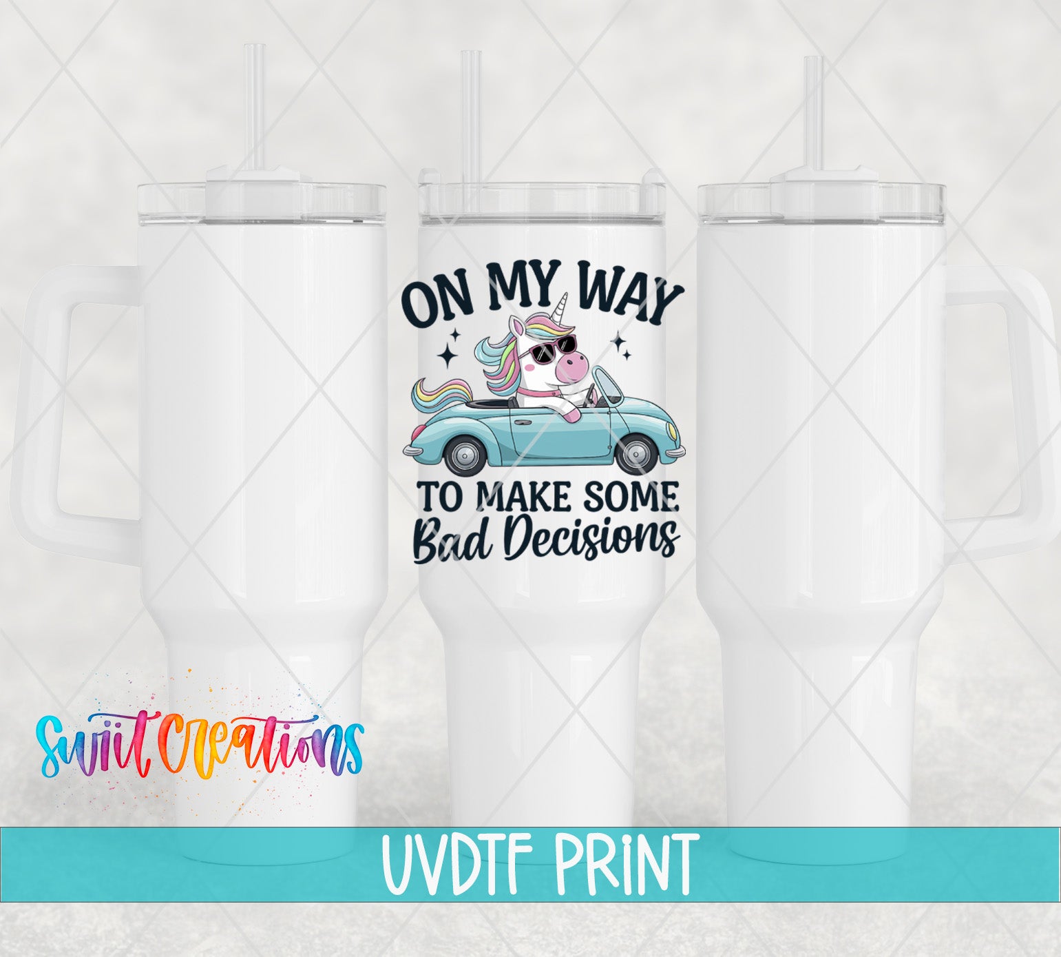 a white tumbler with a unicorn driving a car on it