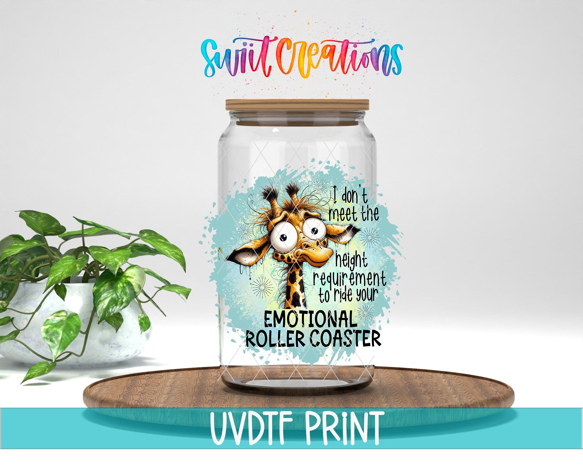 a glass jar with a picture of a giraffe on it