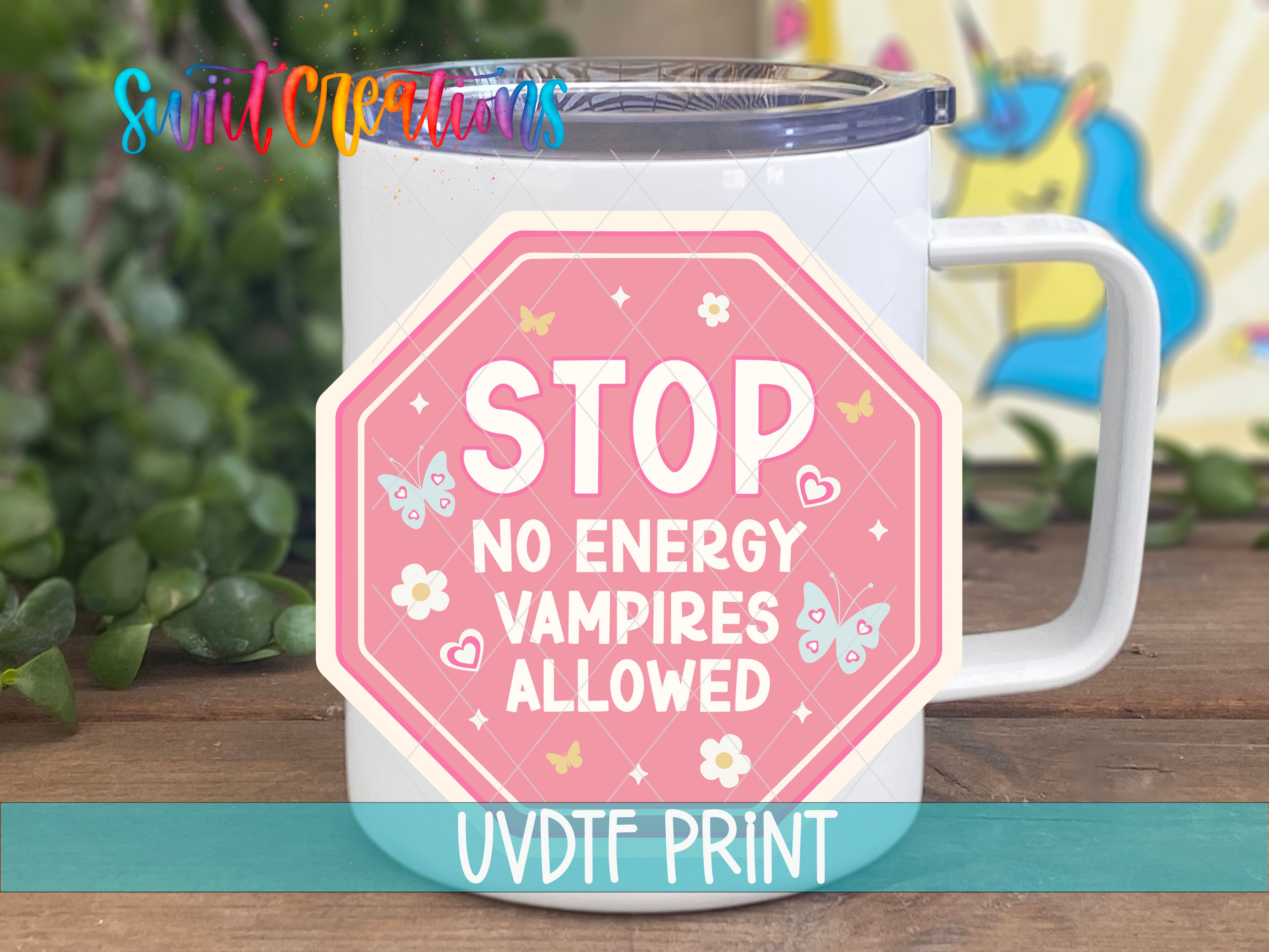 a pink and white coffee mug with the words stop no energy, vampire's