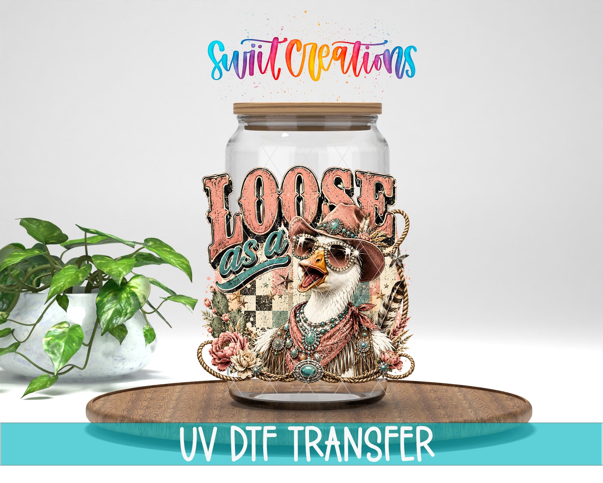 A glass jar with a colorful, whimsical design featuring a bird wearing sunglasses and a hat, surrounded by various decorative elements.