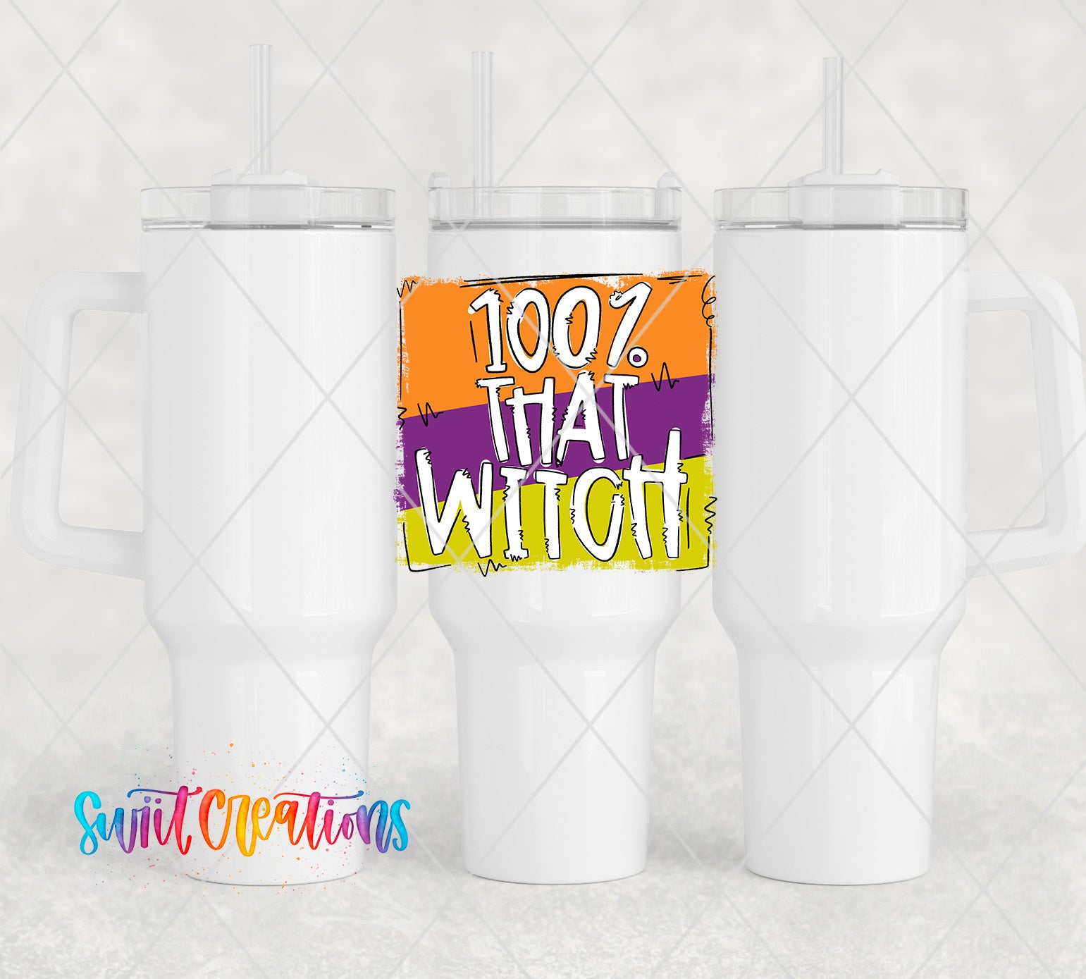two white tumblers with the words, 100 % that witch on them
