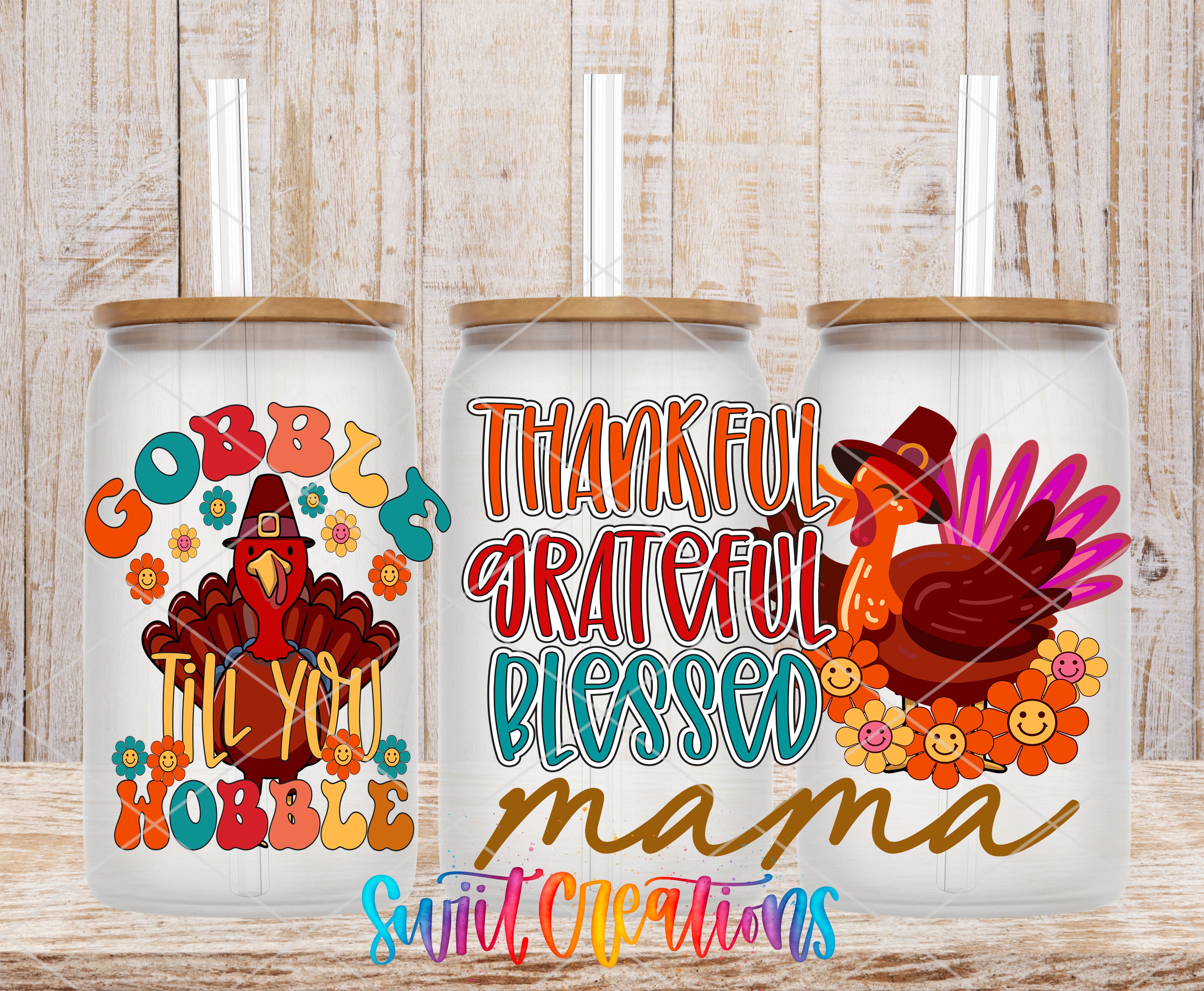 three glass jars with Thanksgiving-themed labels, including a turkey, flowers, and a message about being "grateful".