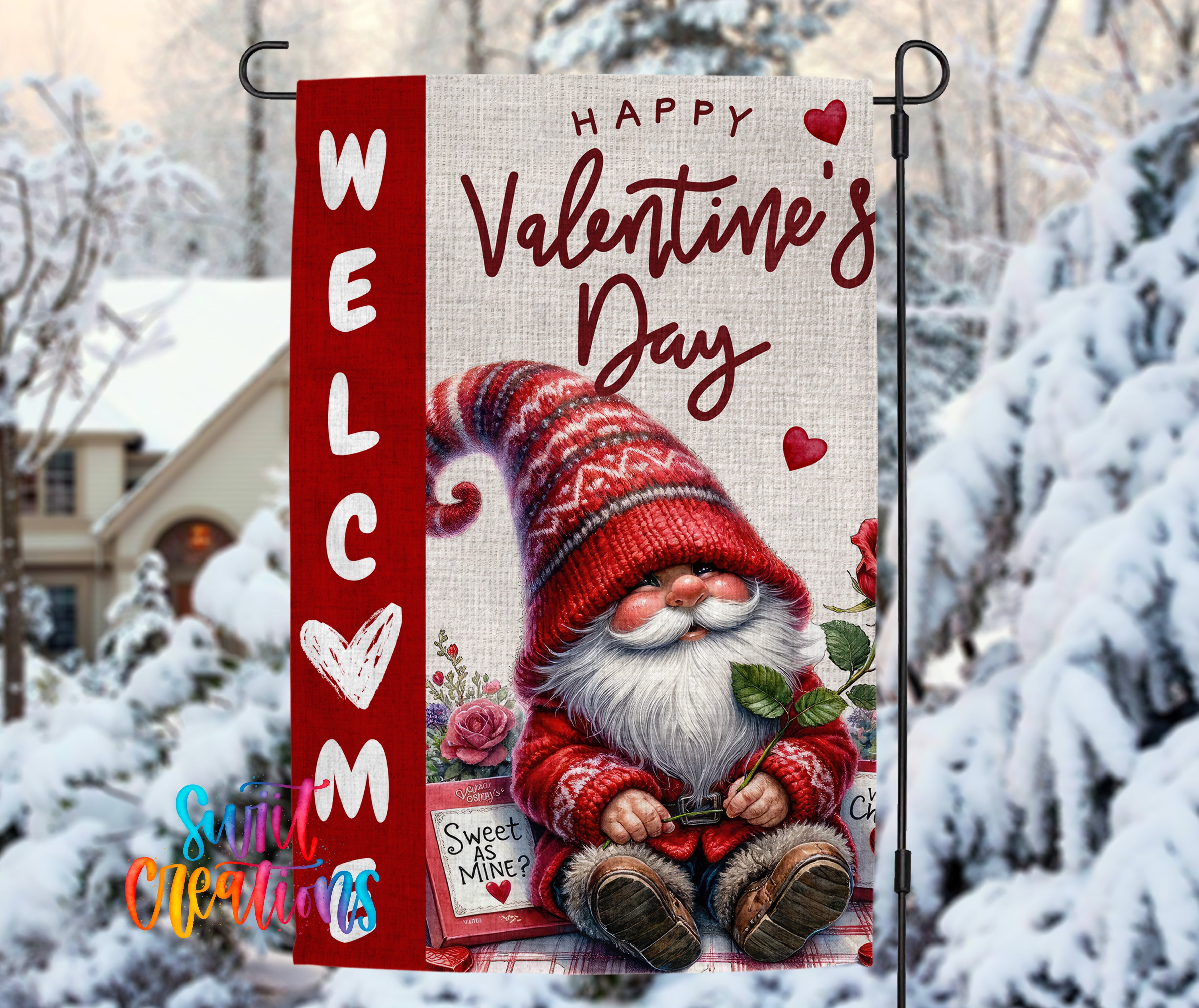 A red and white welcome sign with a gnome wearing a red and white sweater and hat, holding a rose, against a snowy background.