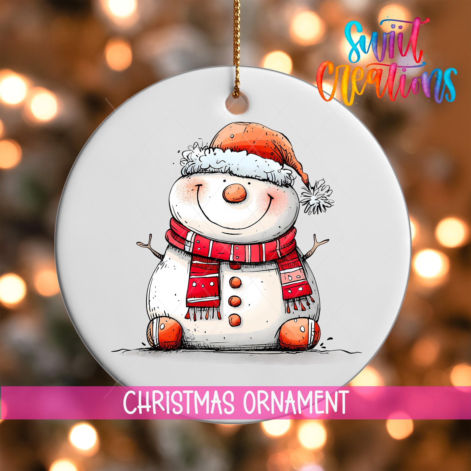 A white Christmas ornament featuring a smiling snowman wearing a red scarf and hat.