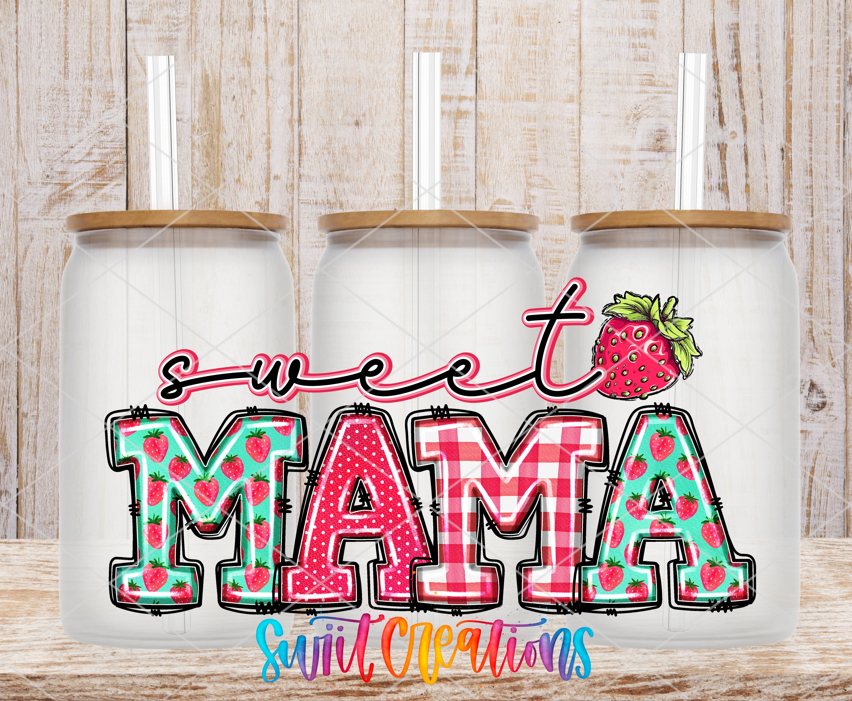 three glass jars with straws, each with a different design and color pattern. The jars are arranged in a row, and the text "Sweet Mama" is displayed prominently in the center of the jars.