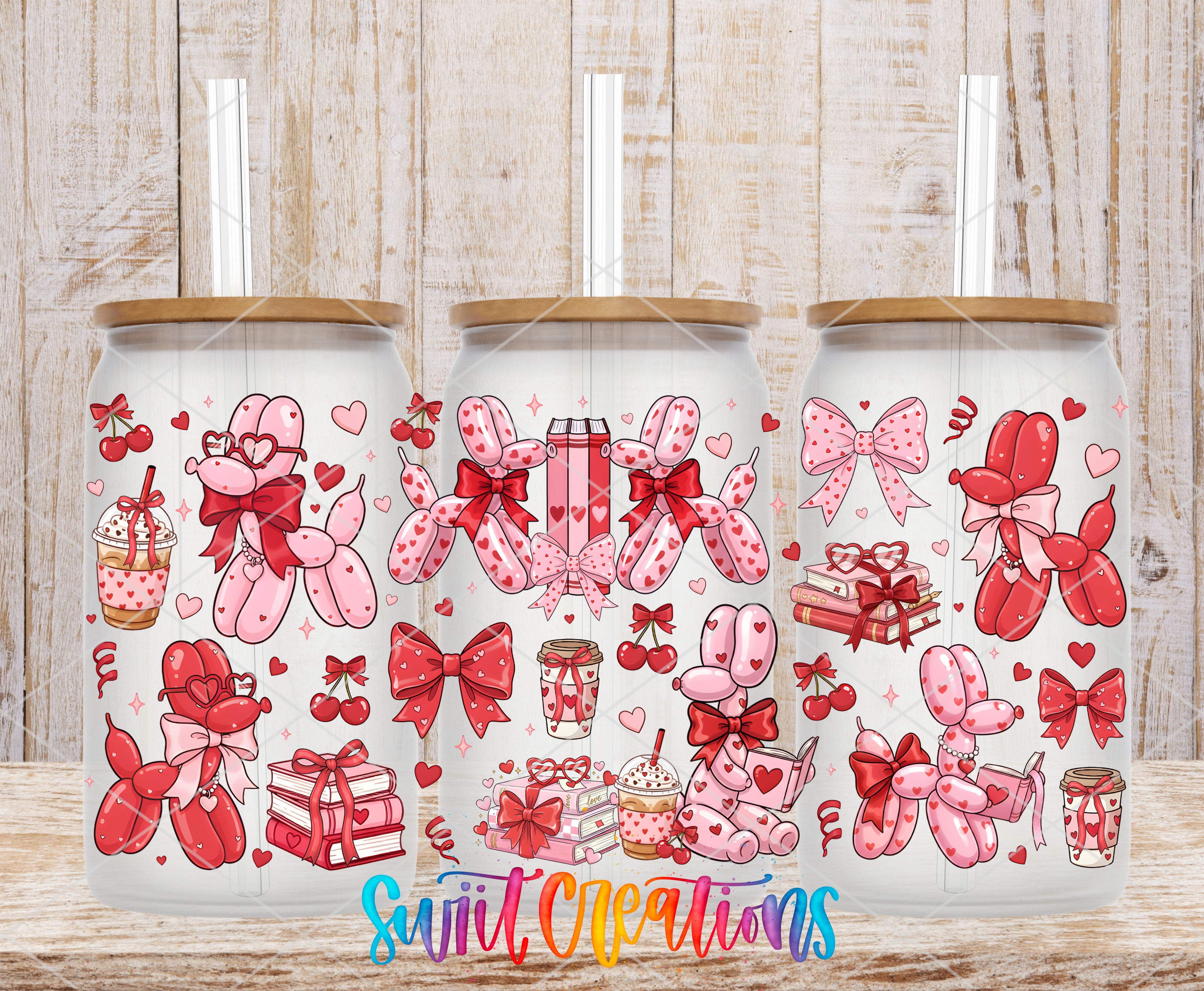 three glass tumblers with a pink and white color scheme, decorated with various cartoon-style illustrations of balloons, cakes, and other festive elements.