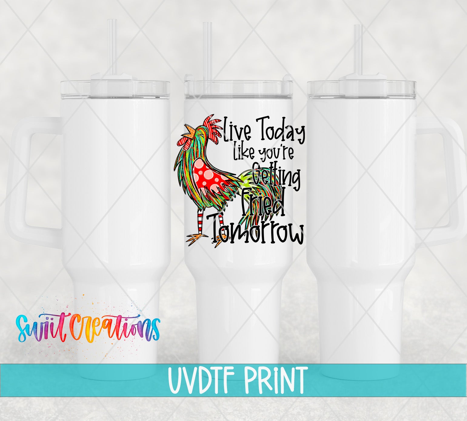 three white coffee mugs with a rooster on them