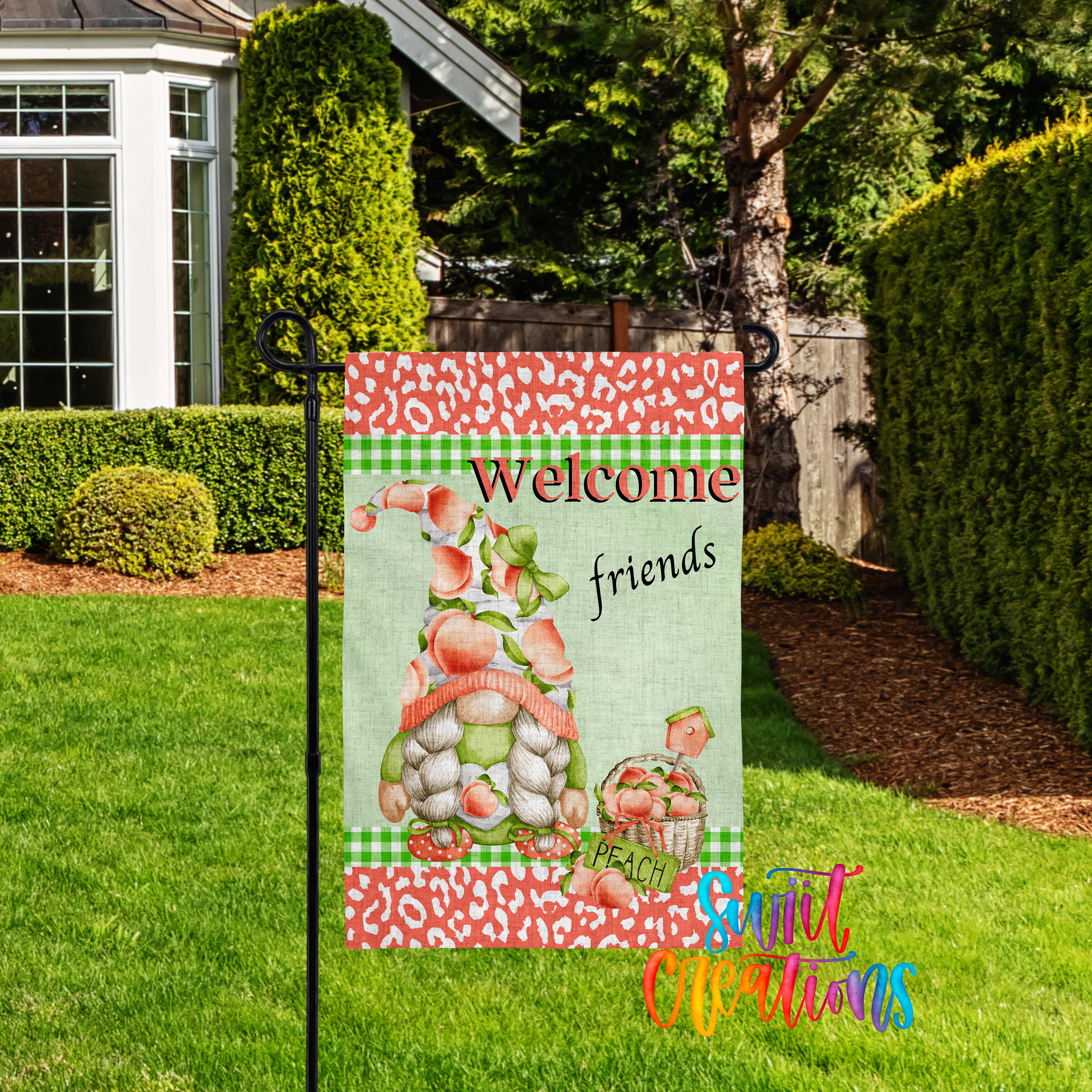 A colorful garden gnome sign welcomes friends, with a patterned background and a basket of peaches.