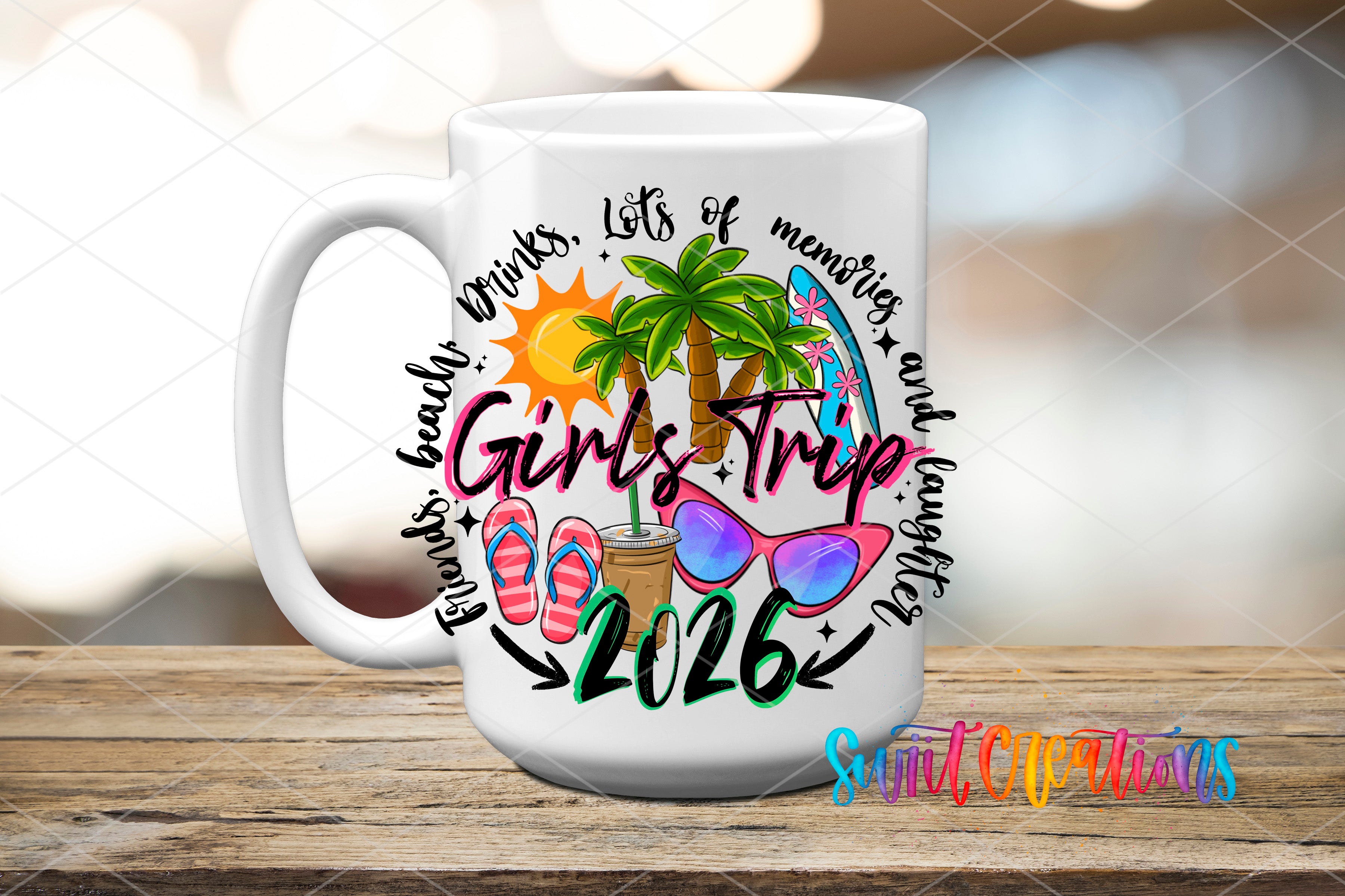 A white mug with a colorful design featuring a palm tree, sunglasses, flip flops, and the text "Girls Trip" and "2016" printed on it.