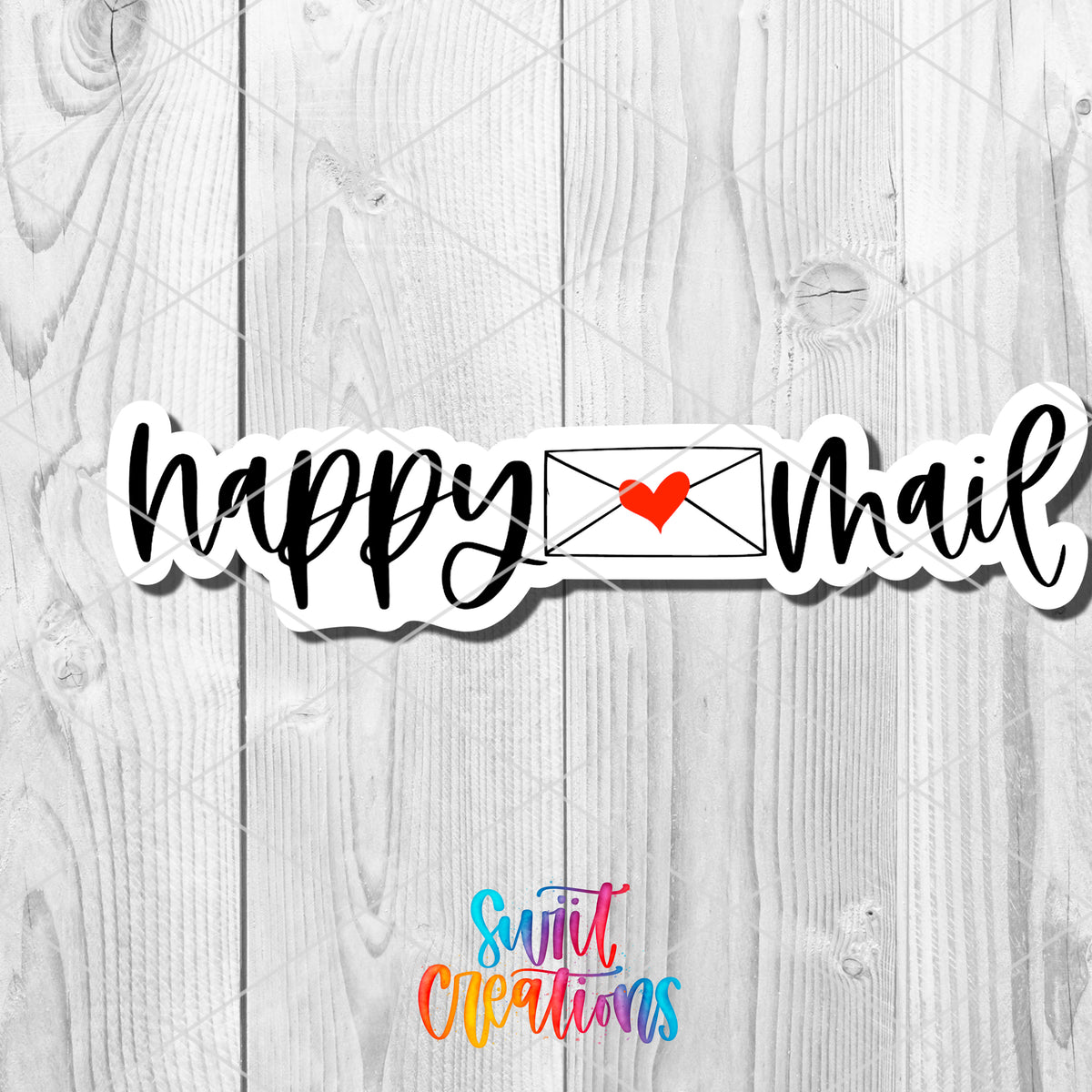 a happy mail sticker on a wooden background