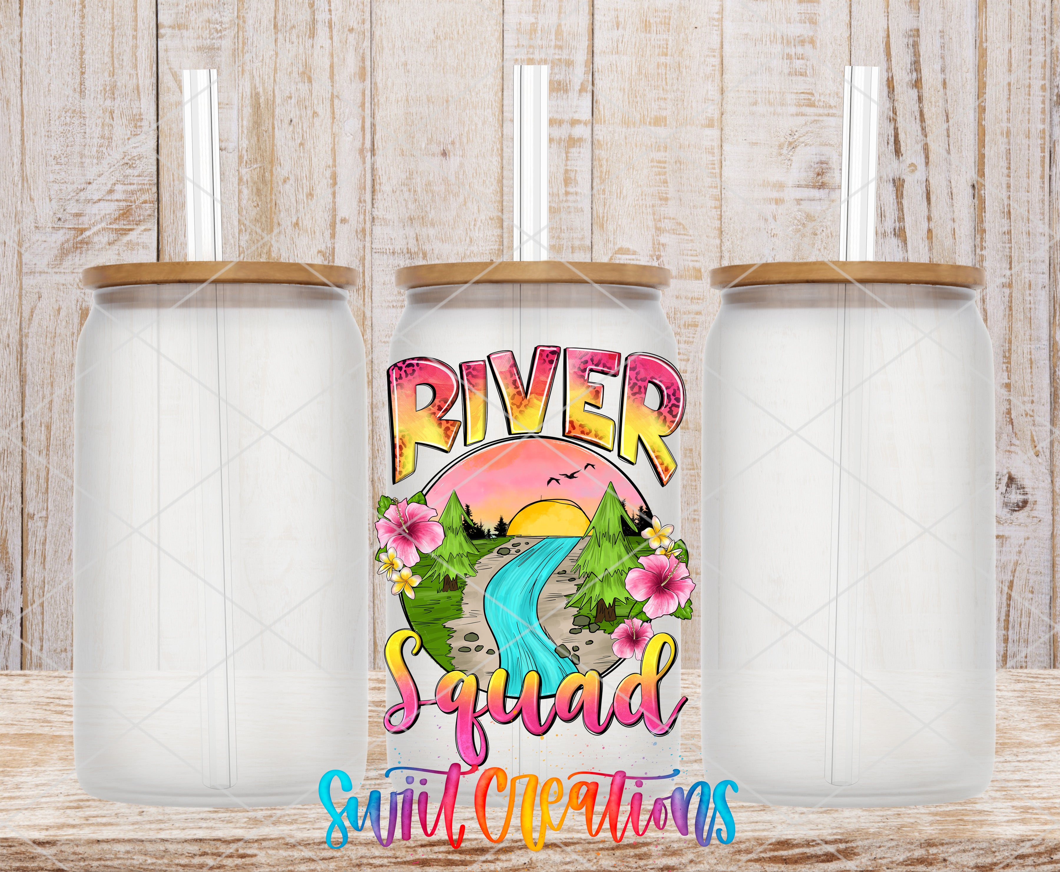 three clear glass jars with lids, arranged in a row against a wooden background. The jars have straws attached to their lids. In the center of the image, there is a colorful graphic design that includes a river, flowers, and a sunset. The text "RIVER Squad" is written in a stylized font, and the phrase "Swit Creations" is written below the graphic design.