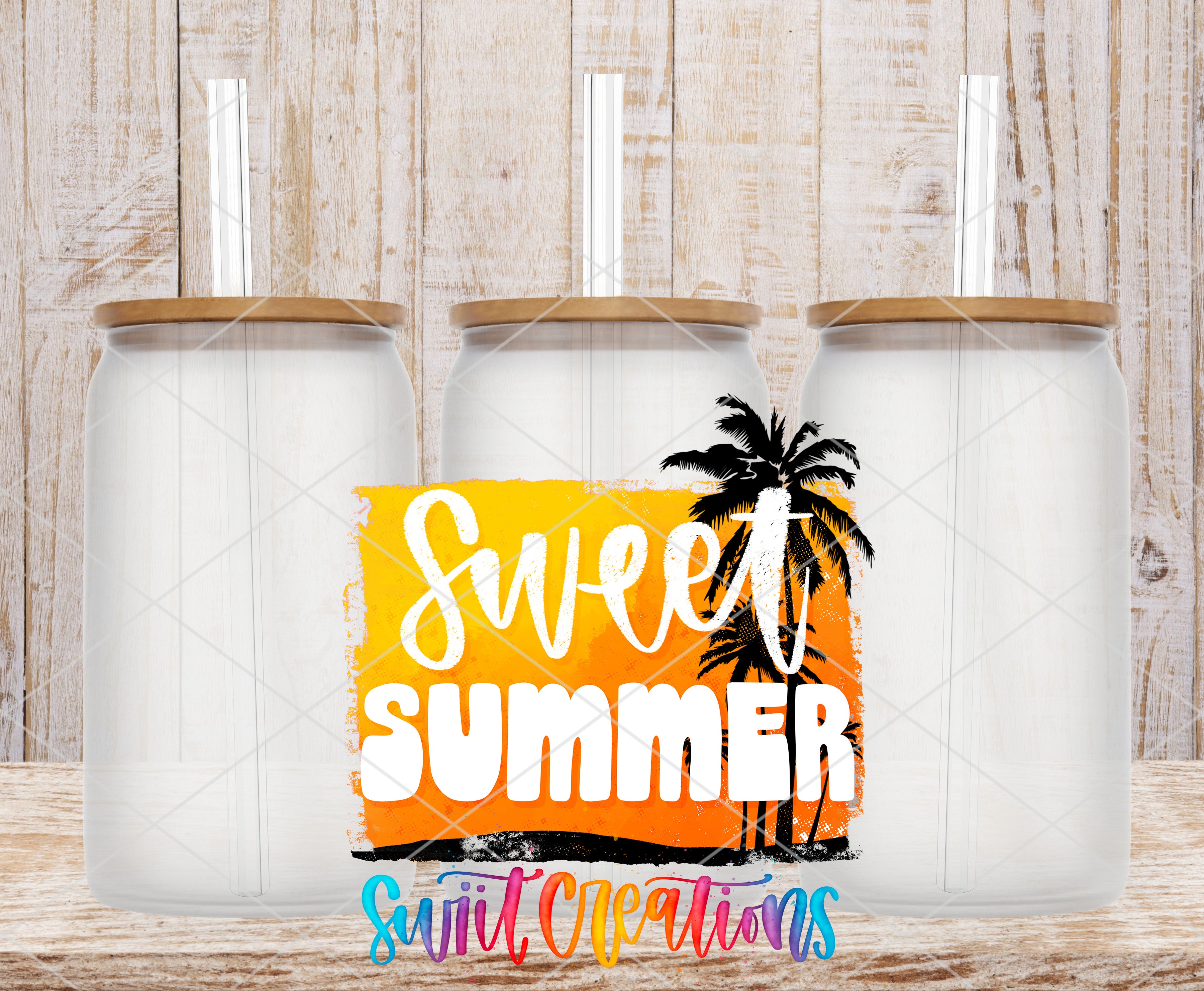 three clear glass jars with lids, arranged in a row against a wooden background. The jars have straws sticking out of the lids. The phrase "Sweet Summer" is written in a stylized font in the center of the image.