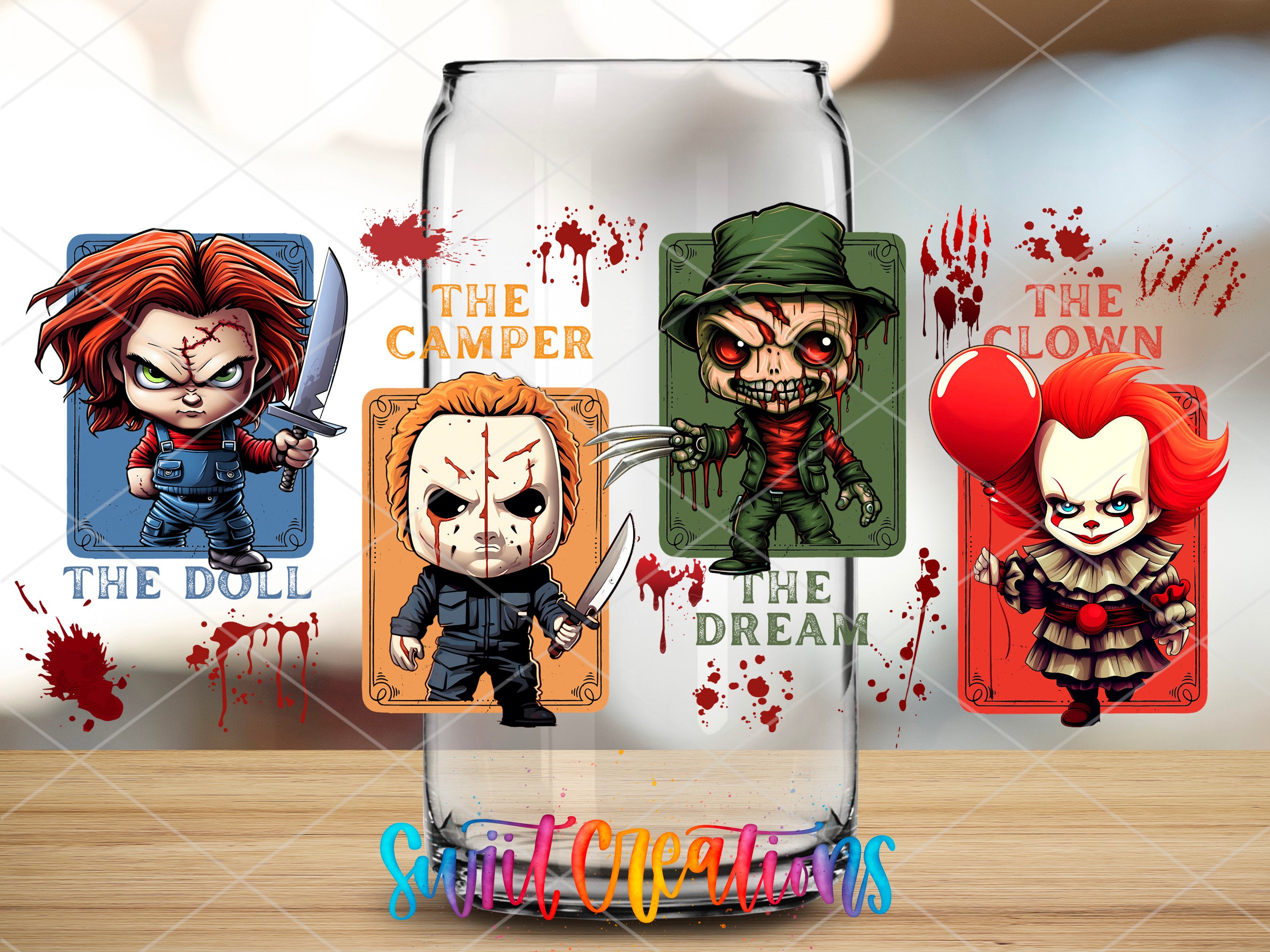 a set of three glass mugs with cartoon characters on them