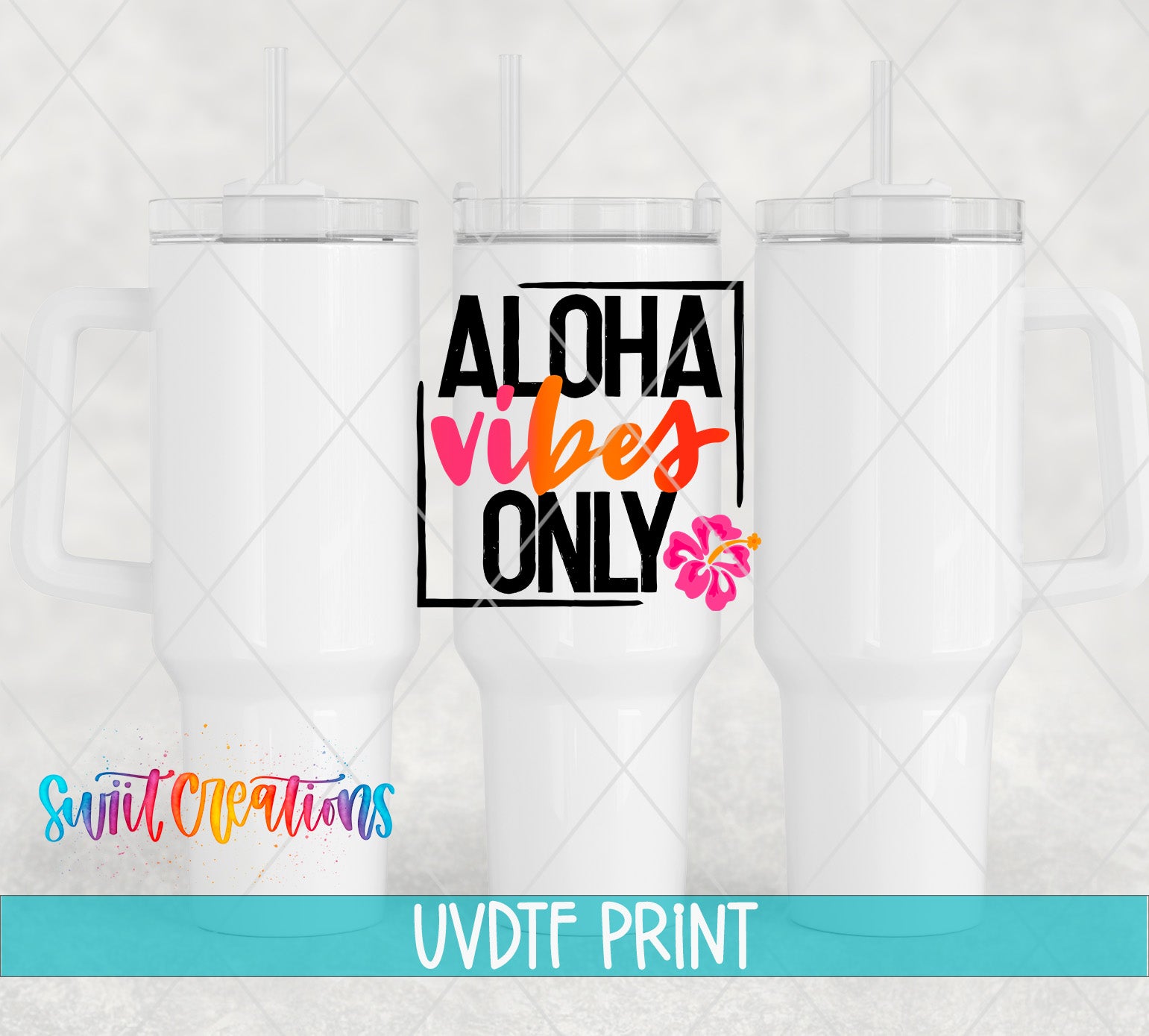 three white tumblers with a colorful graphic design and text on them.