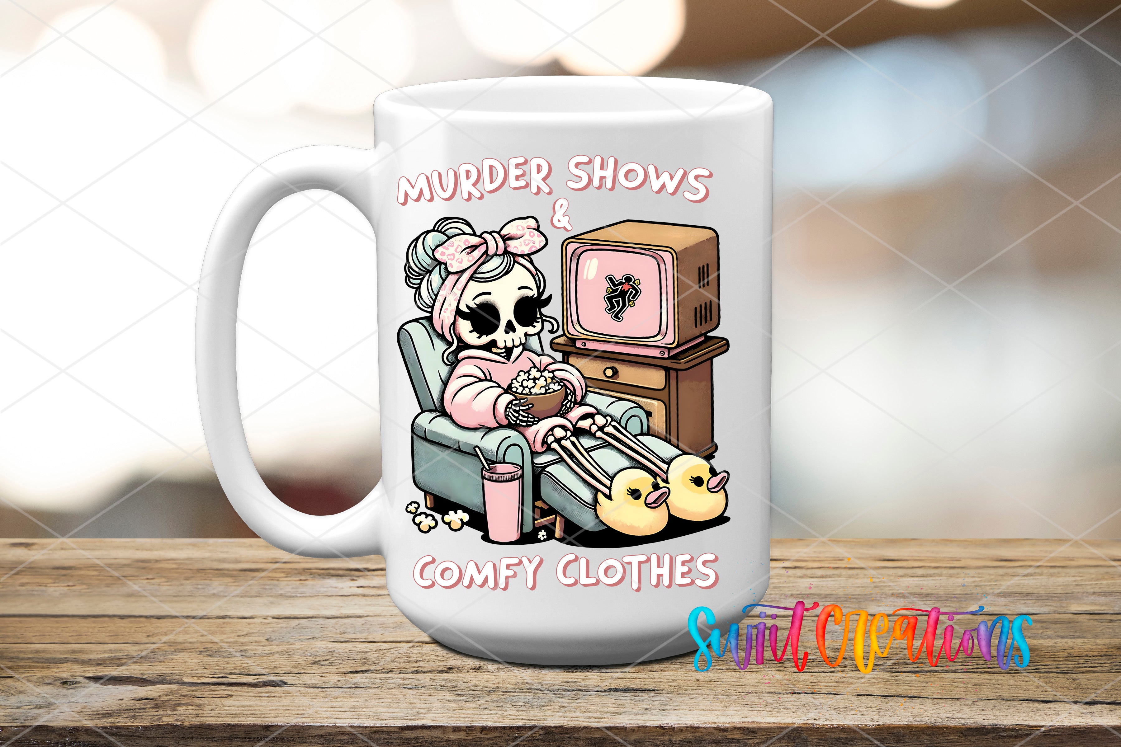 A white mug with a cartoon illustration of a skeleton wearing a pink outfit and sitting in a chair, watching TV, with a cup of popcorn nearby.