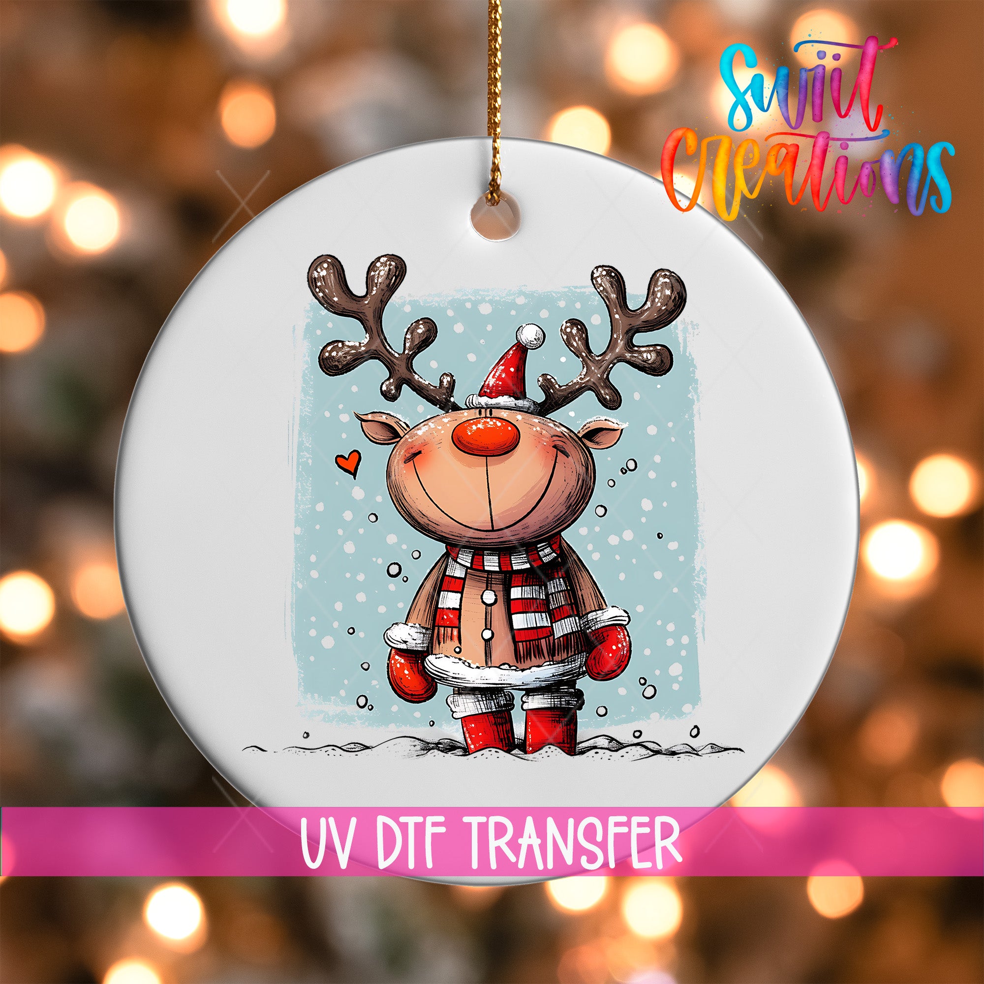 A white ornament featuring a cartoon reindeer with antlers and a red scarf, set against a snowy background with snowflakes falling.