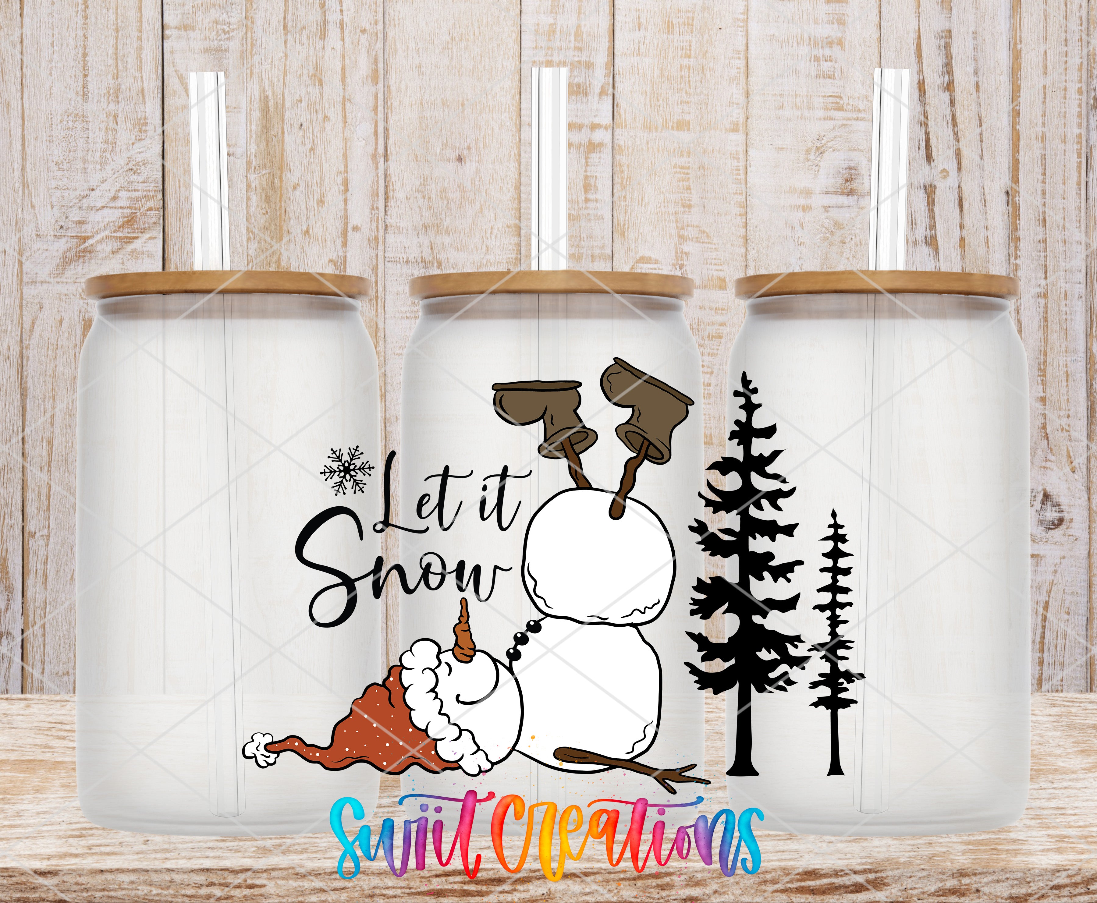 A collage of three glass jars with a snowman and trees on them, along with a text that says "Let it snow" and a snowflake design.