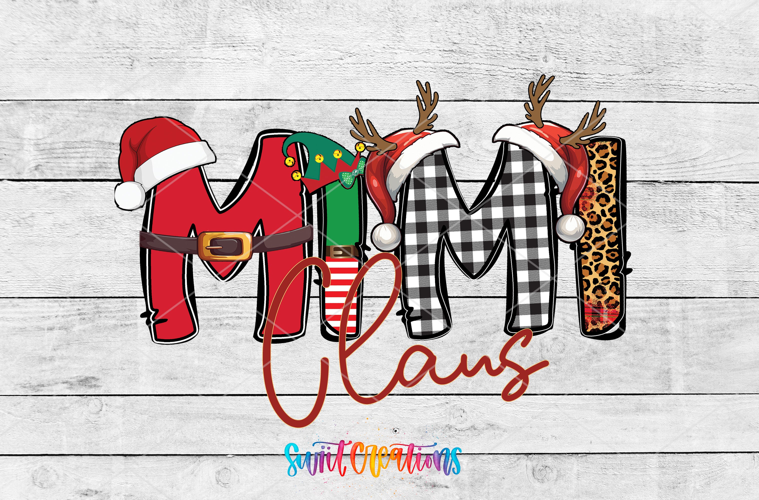 the word merry claus with a santa hat on it
