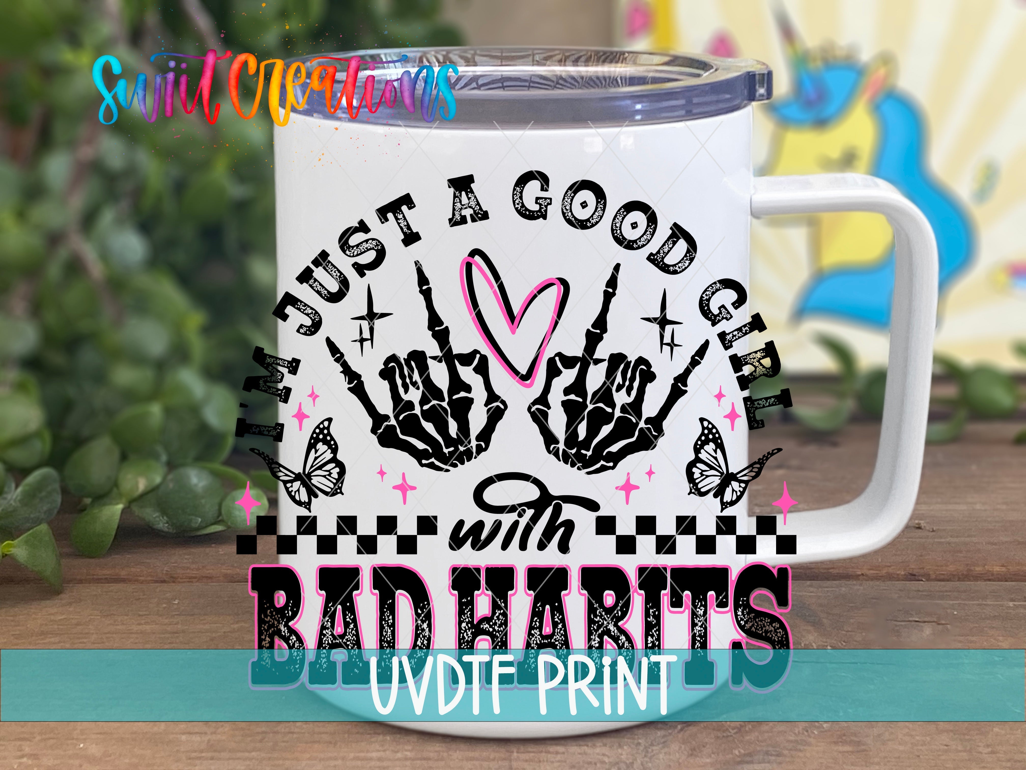 a white coffee mug with the words just a good girl with bad hearts on it