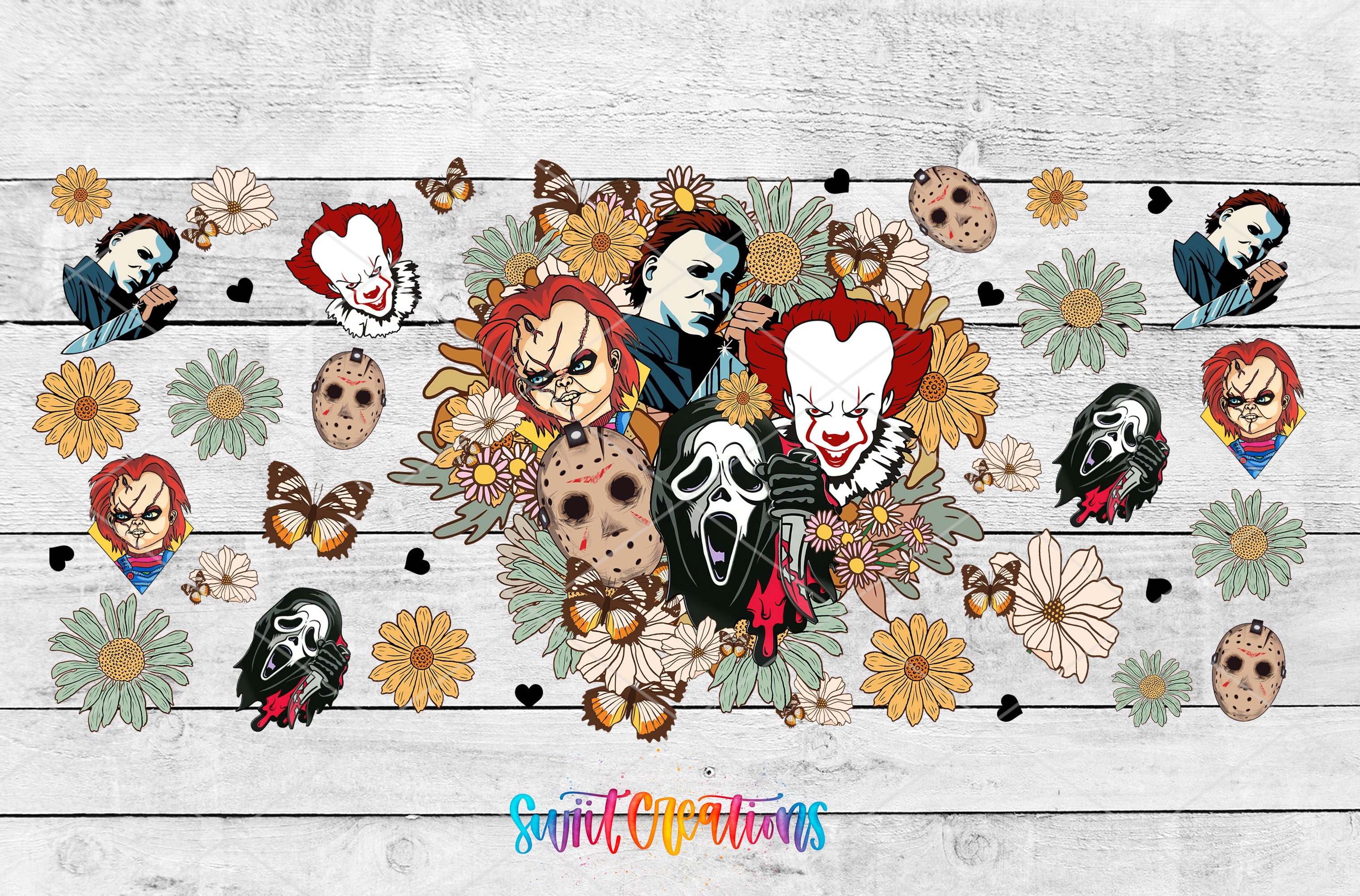 a group of clowns surrounded by flowers and skulls
