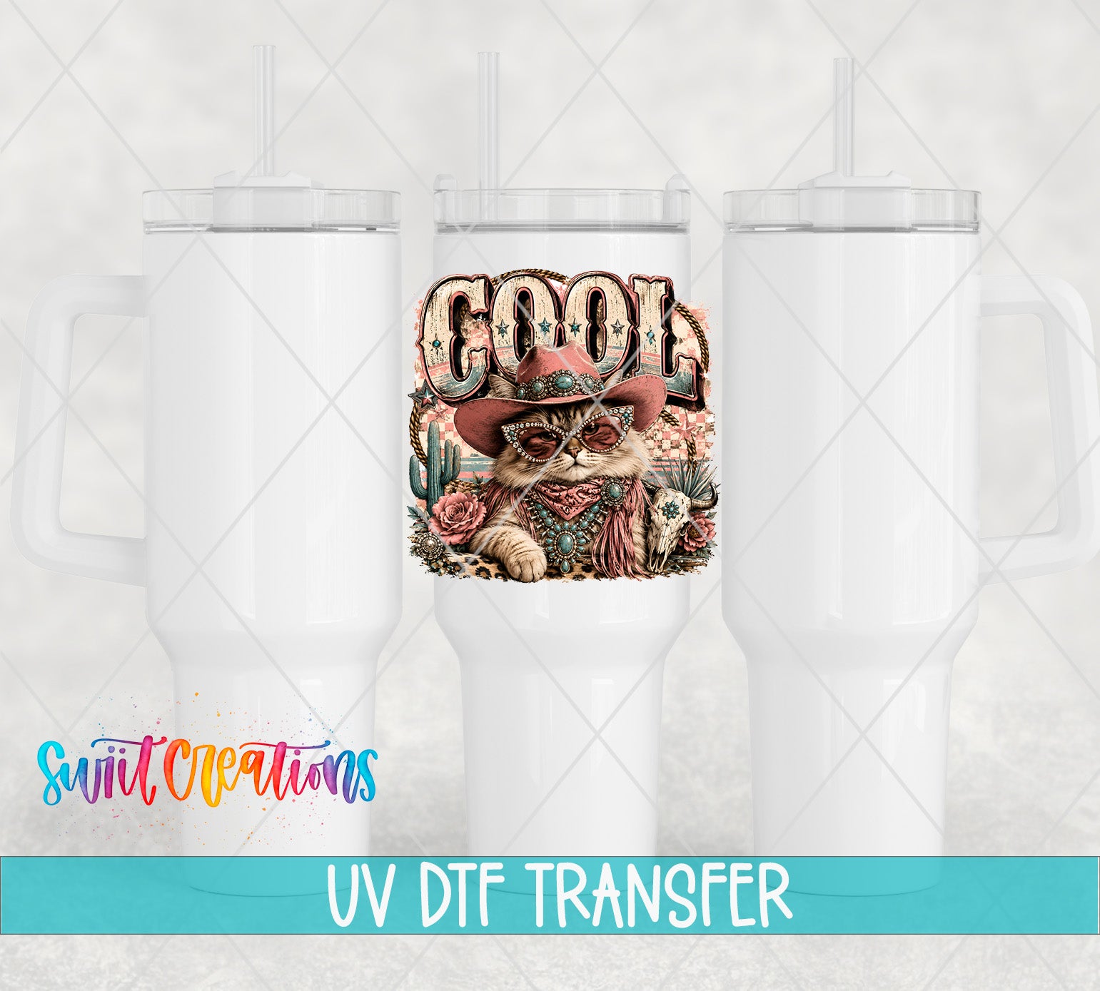 three white tumblers with a printed design on the front, including a cat wearing a cowboy hat and sunglasses.