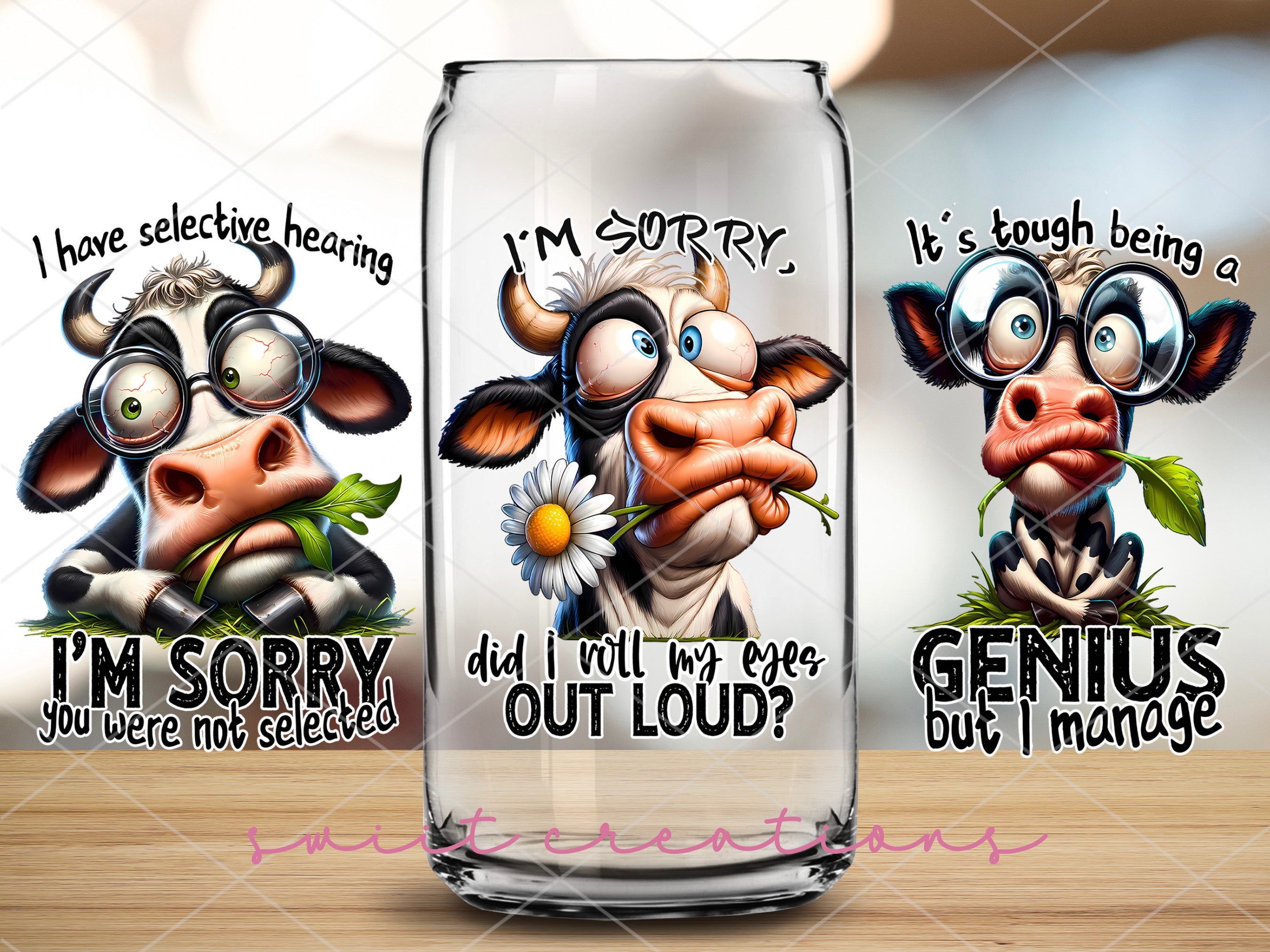 a glass with a cartoon cow wearing glasses