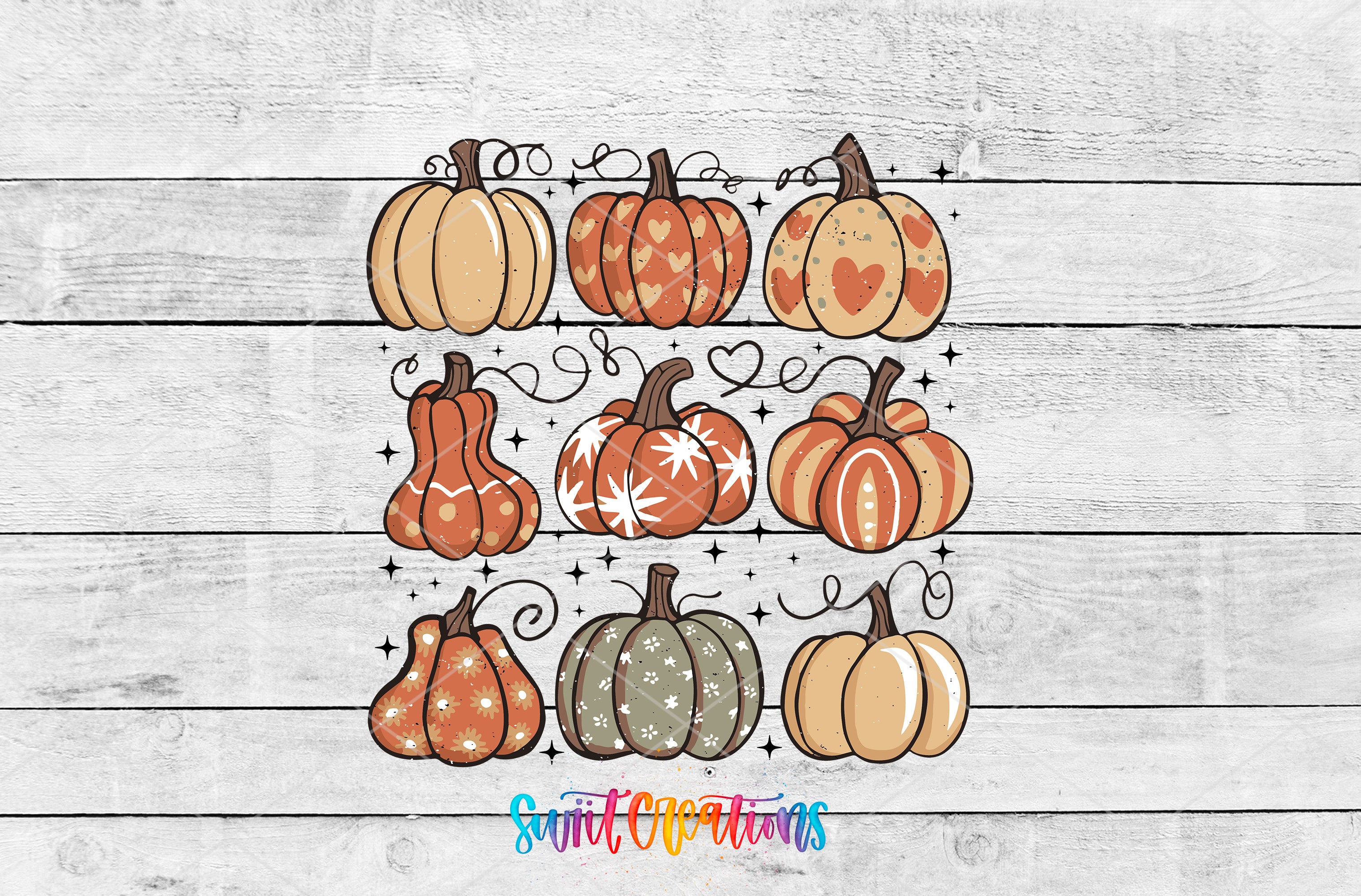 A collage of nine stylized pumpkins in various colors and designs, arranged in a grid pattern against a white wooden background.