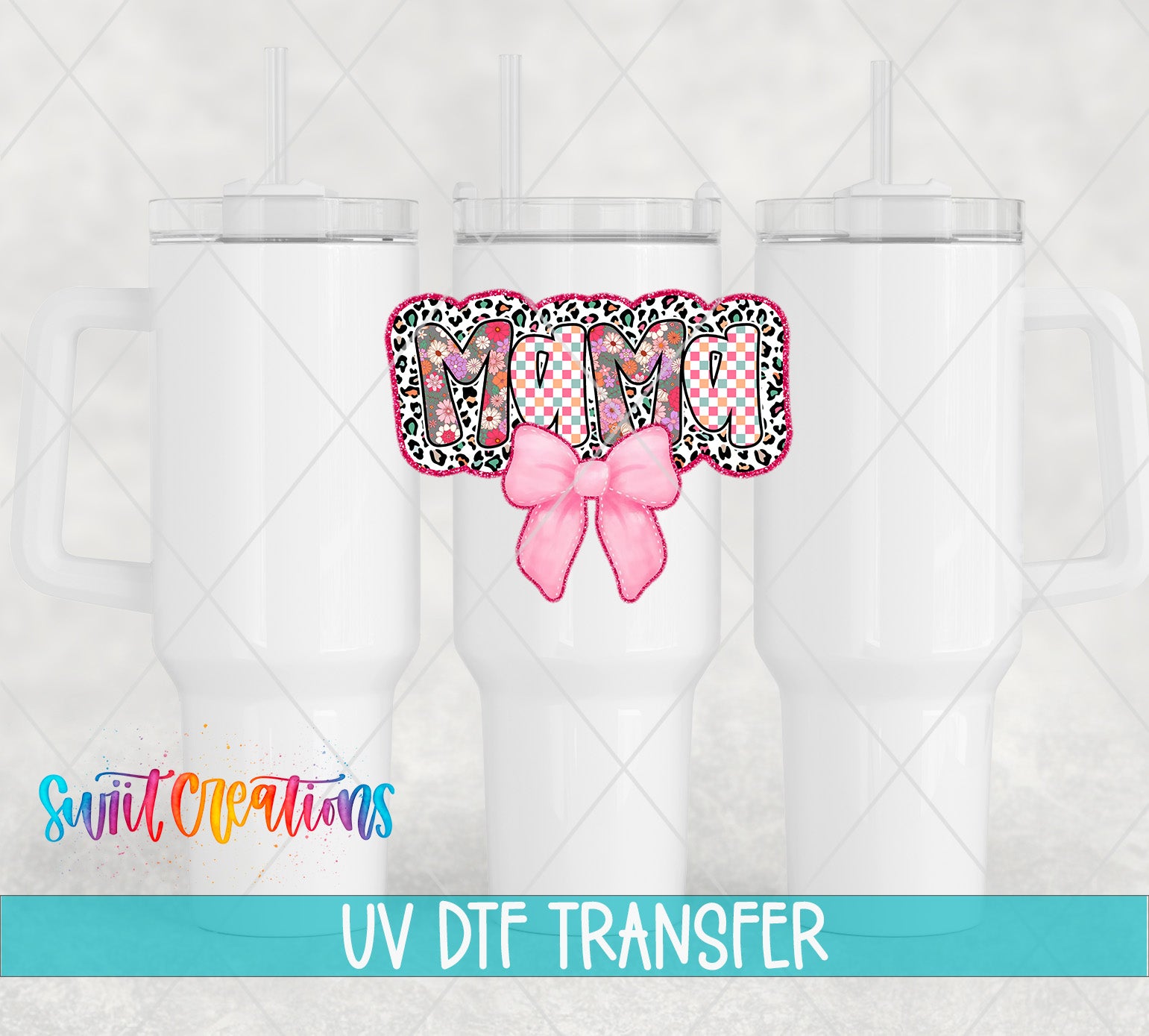three white tumblers with a pink bow and the word "MOMA" written on them. The text "UV Dtf Transfer" is displayed below the tumblers.