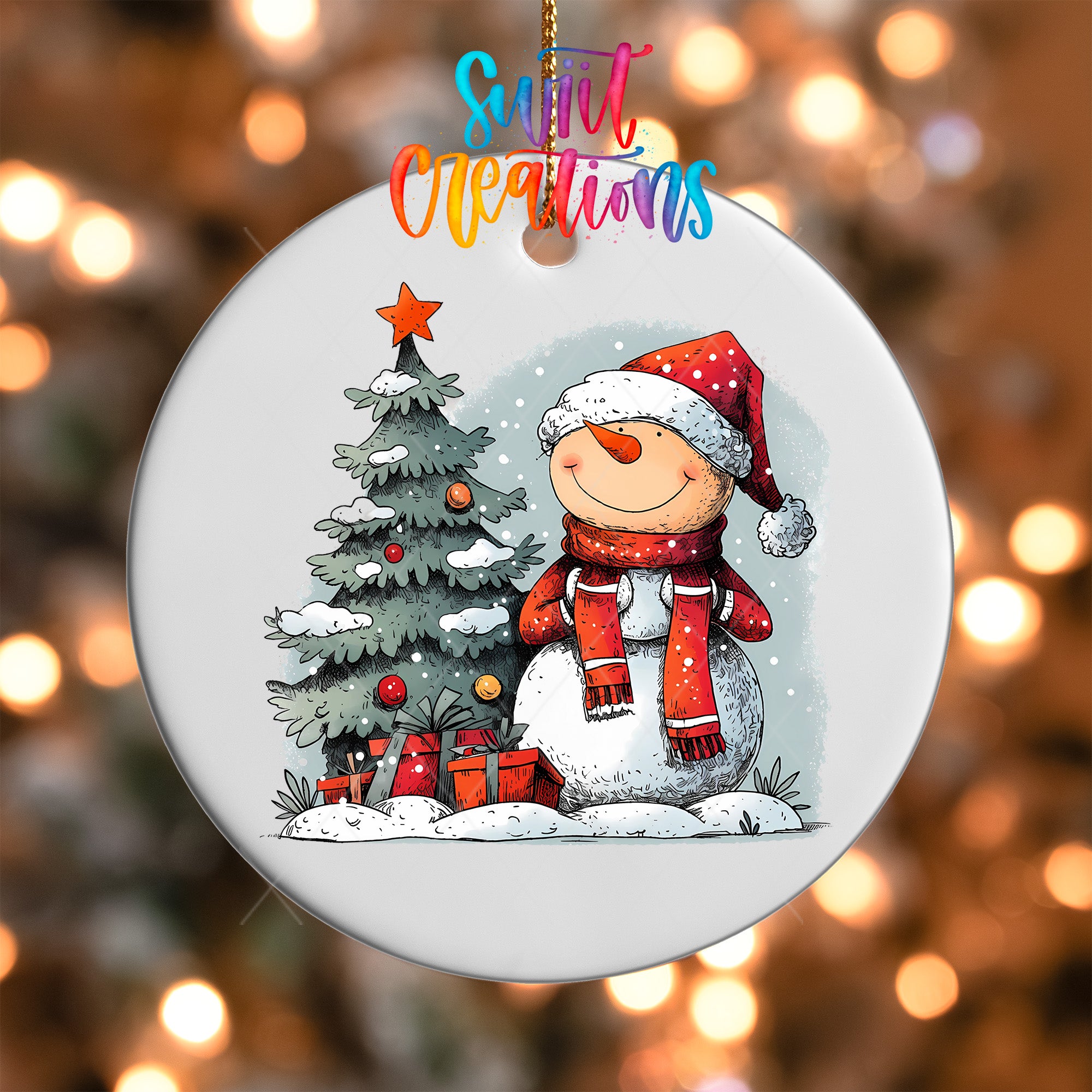 A snowman wearing a red scarf and hat stands next to a Christmas tree, with presents wrapped around it.
