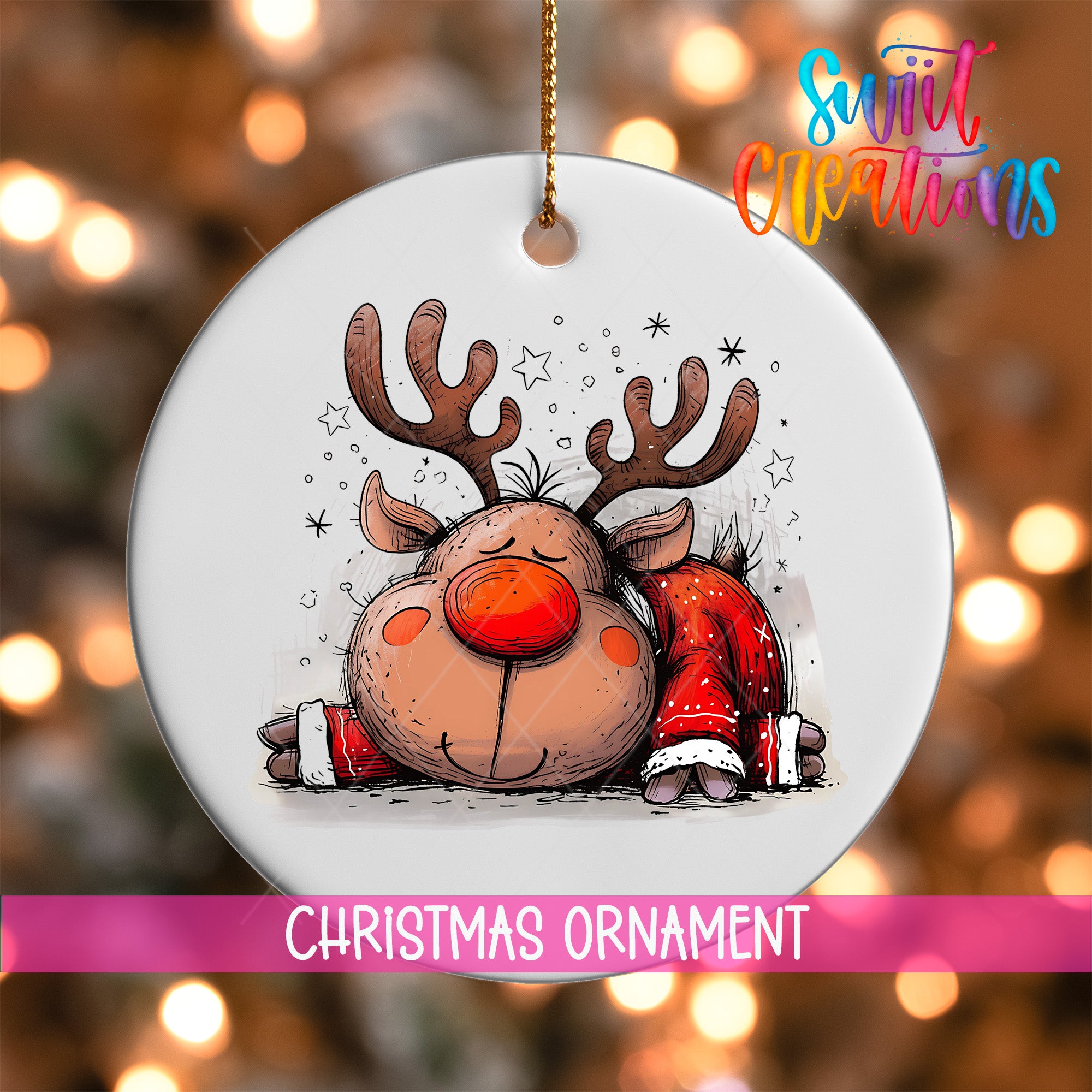 A white Christmas ornament featuring a cartoon reindeer with antlers and a red nose, surrounded by stars and snowflakes.