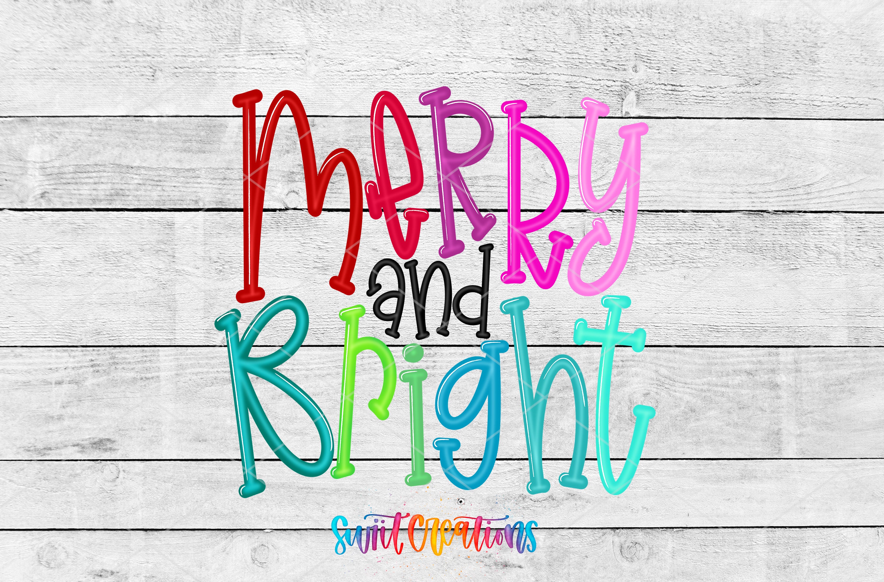 a colorful and playful text that reads "Merry and Bright" in a stylized font, with each letter in a different color.