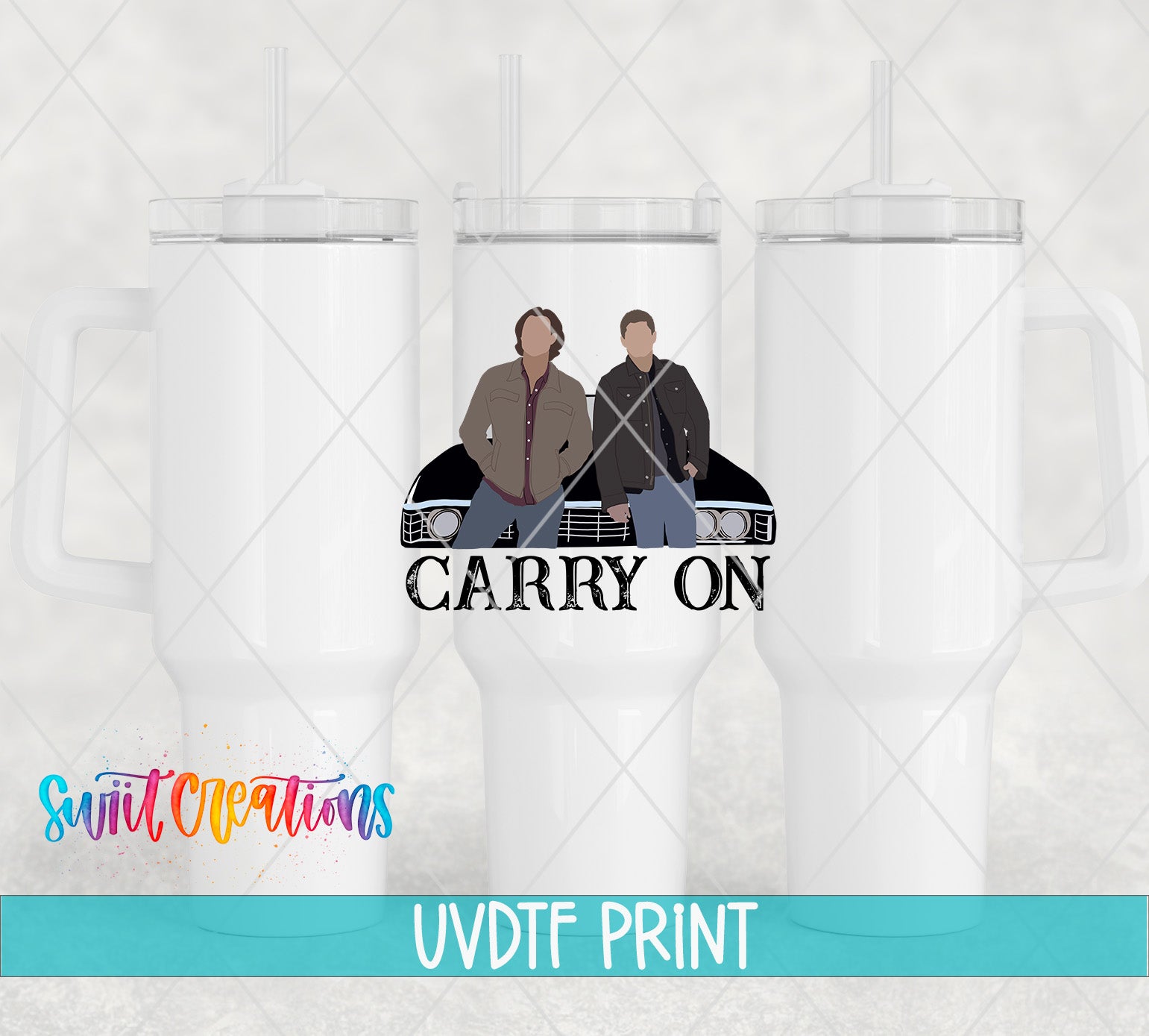 two men sitting on top of a car with the words carry on