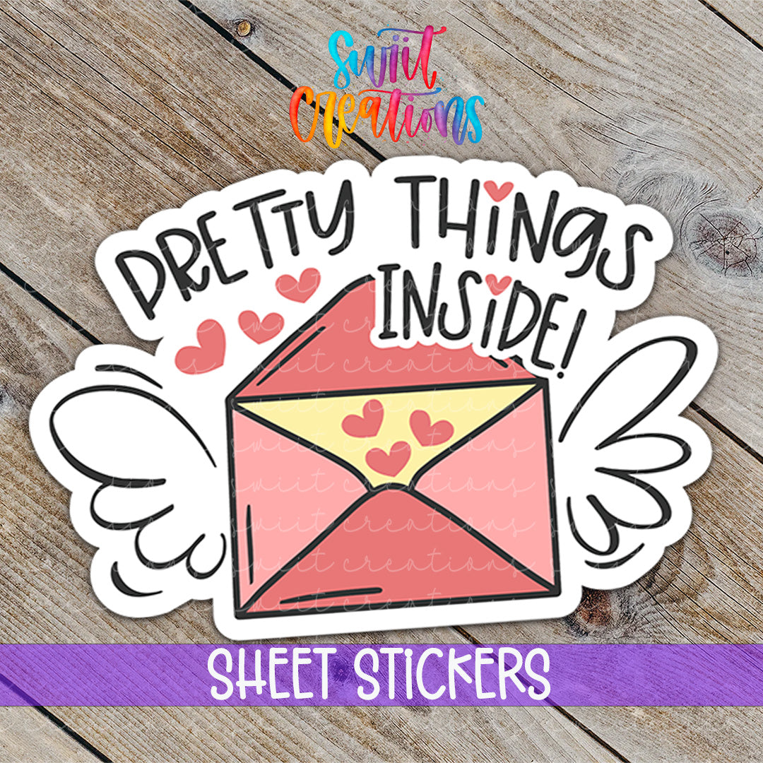 a sticker with the words, pretty things inside