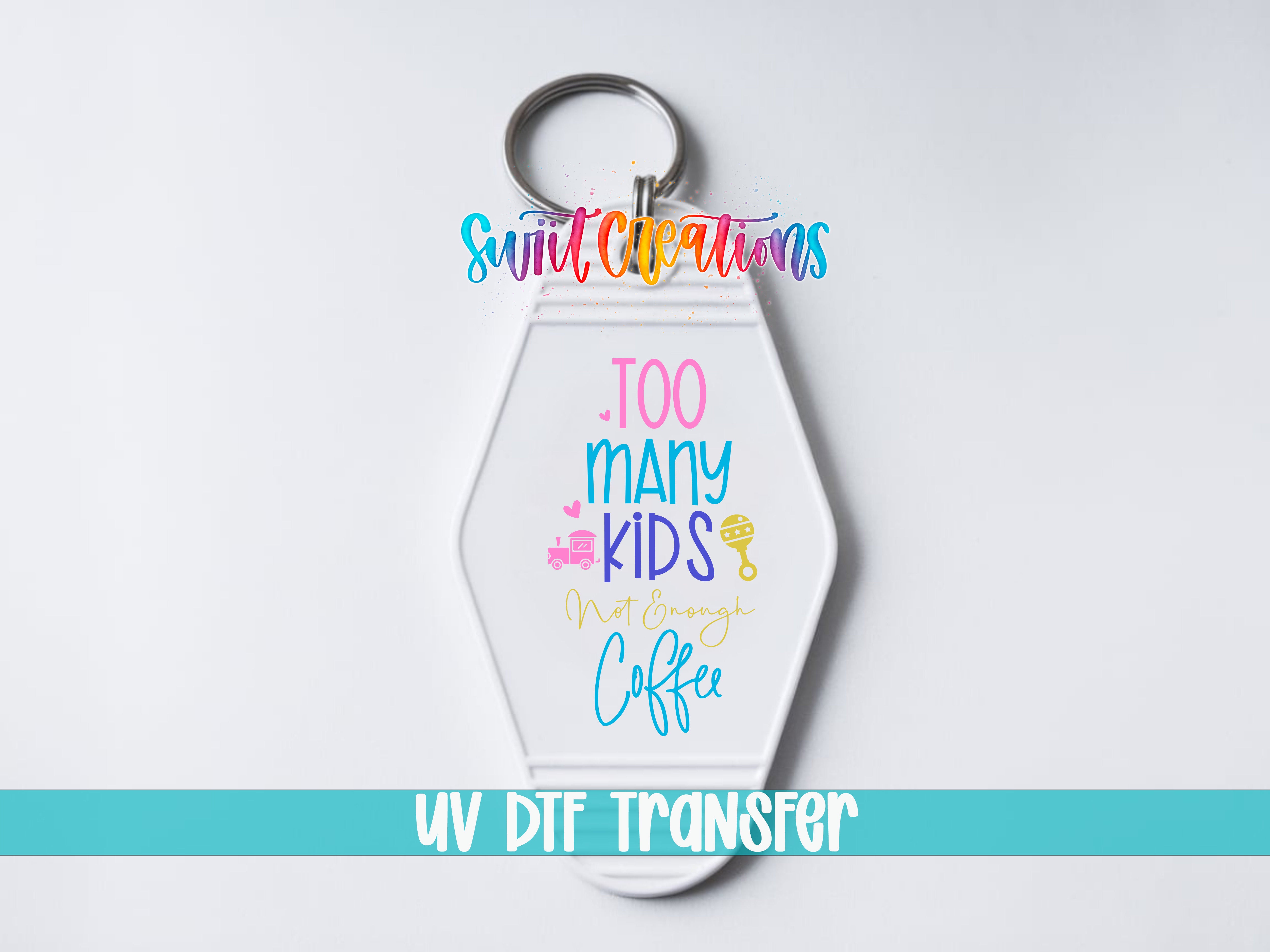 A keychain with a colorful design and text on it.