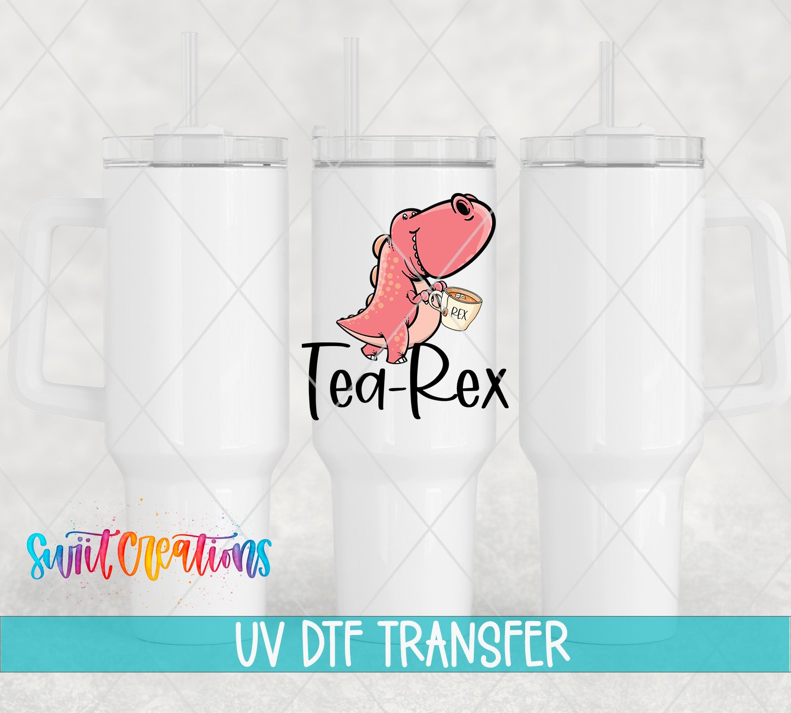 three white tumblers with a cartoon dinosaur and the text " ted-rex" printed on them.