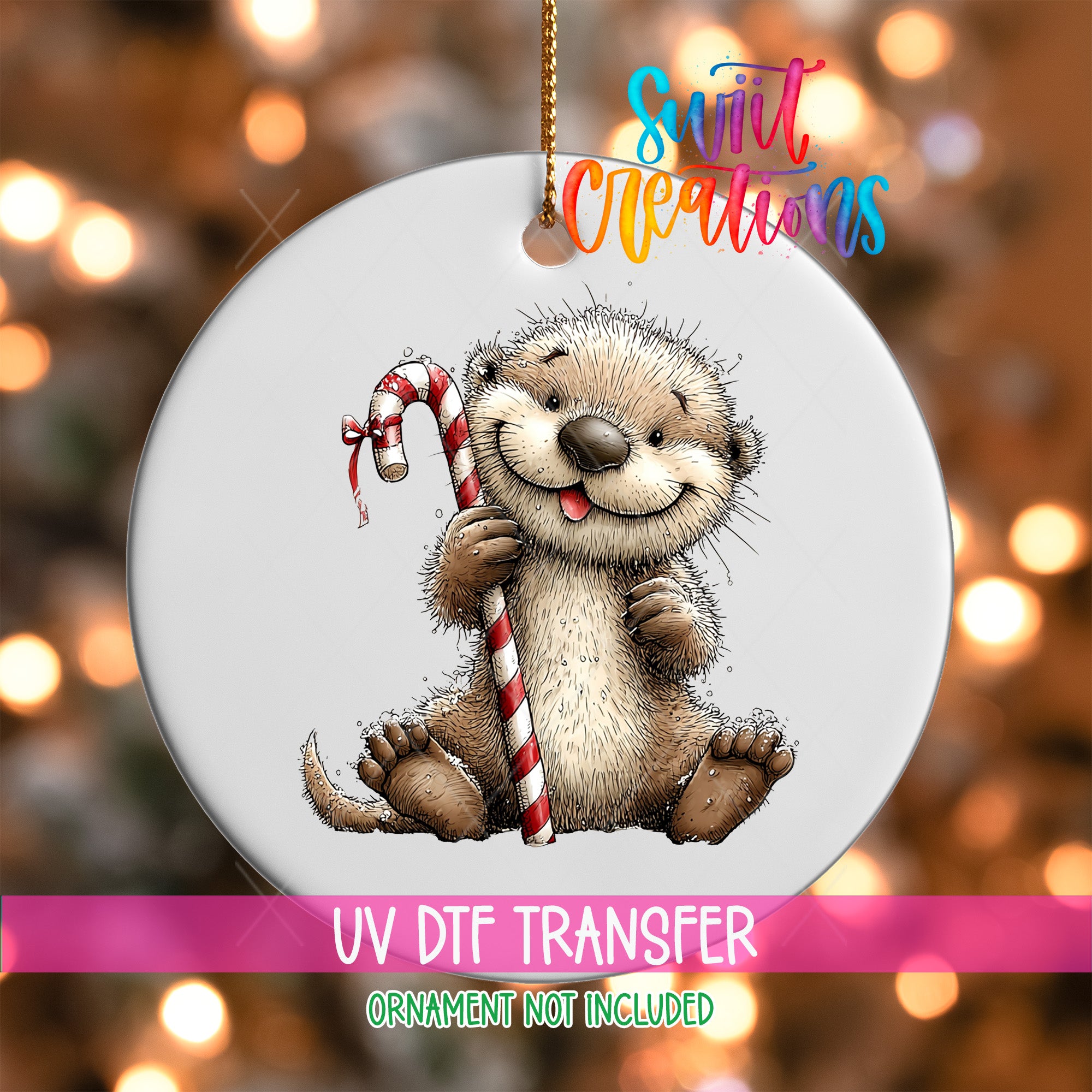 A white ornament with a cute otter holding a candy cane, set against a blurred background with colorful lights.