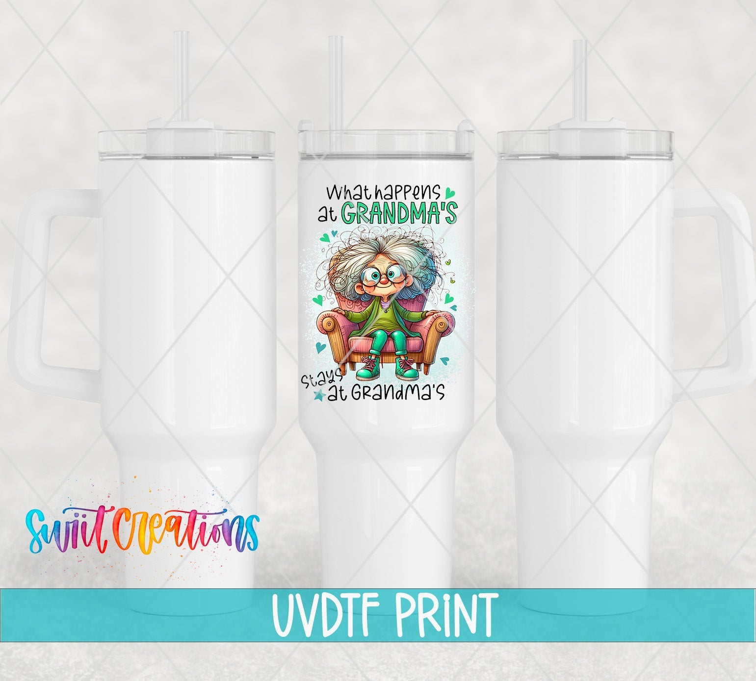 a white tumbler with a picture of a cartoon character on it