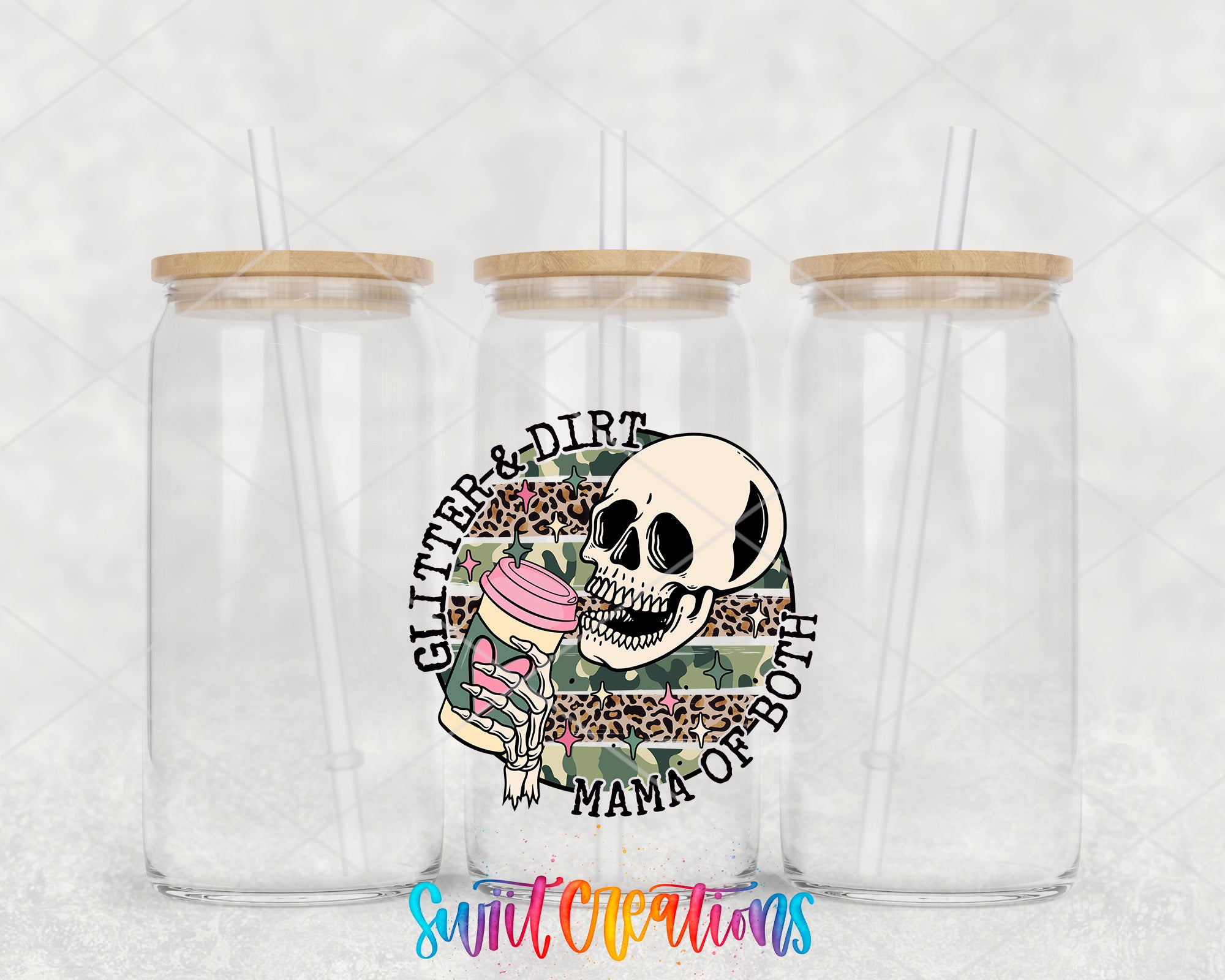 two clear tumblers with a skull on the side