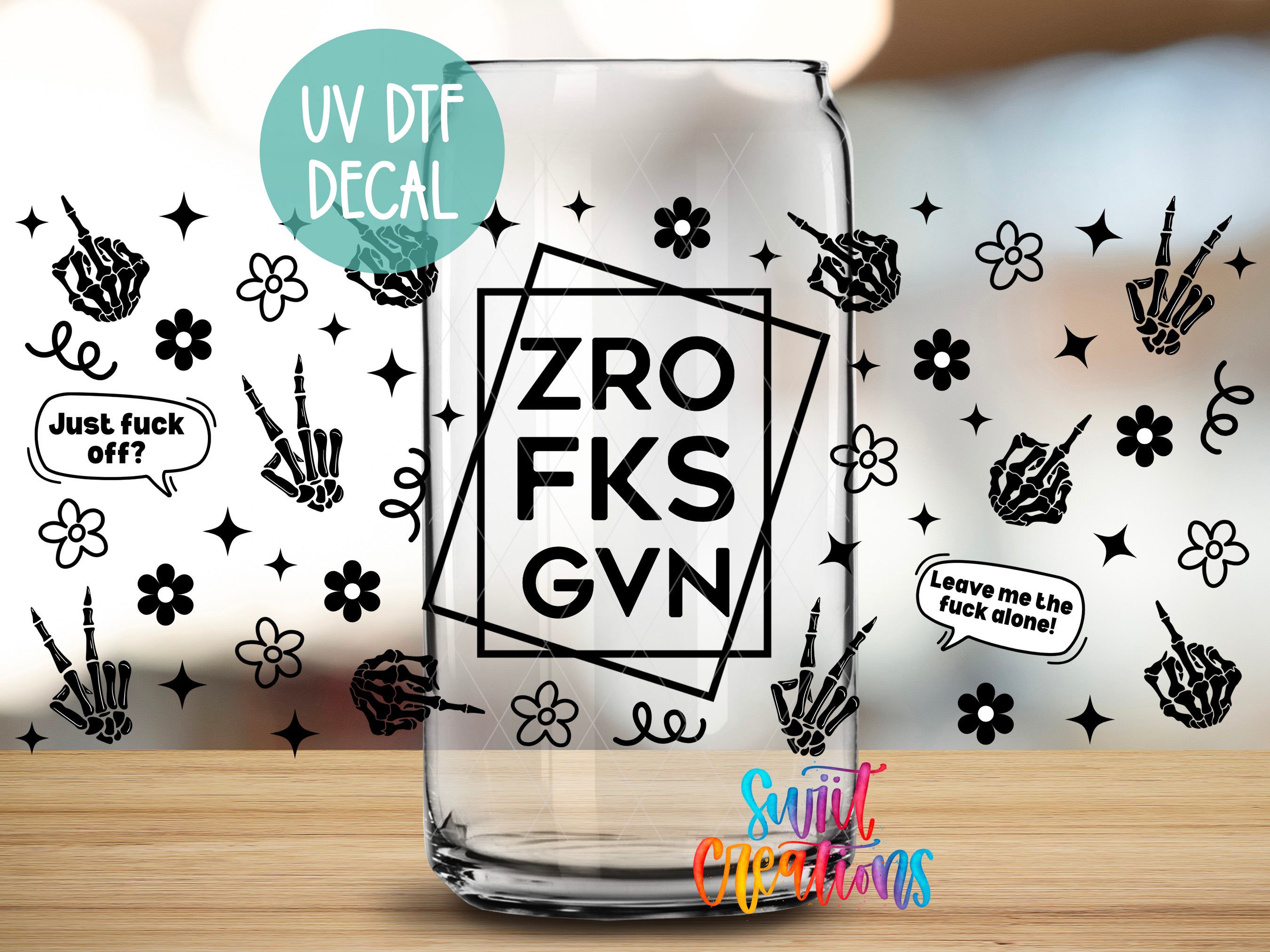 a glass with a sticker on it, surrounded by various hand-drawn illustrations and text.