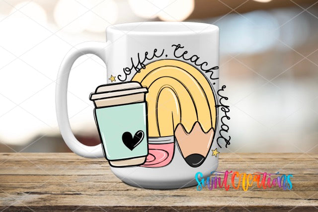 a coffee mug with a pencil and a cup of coffee