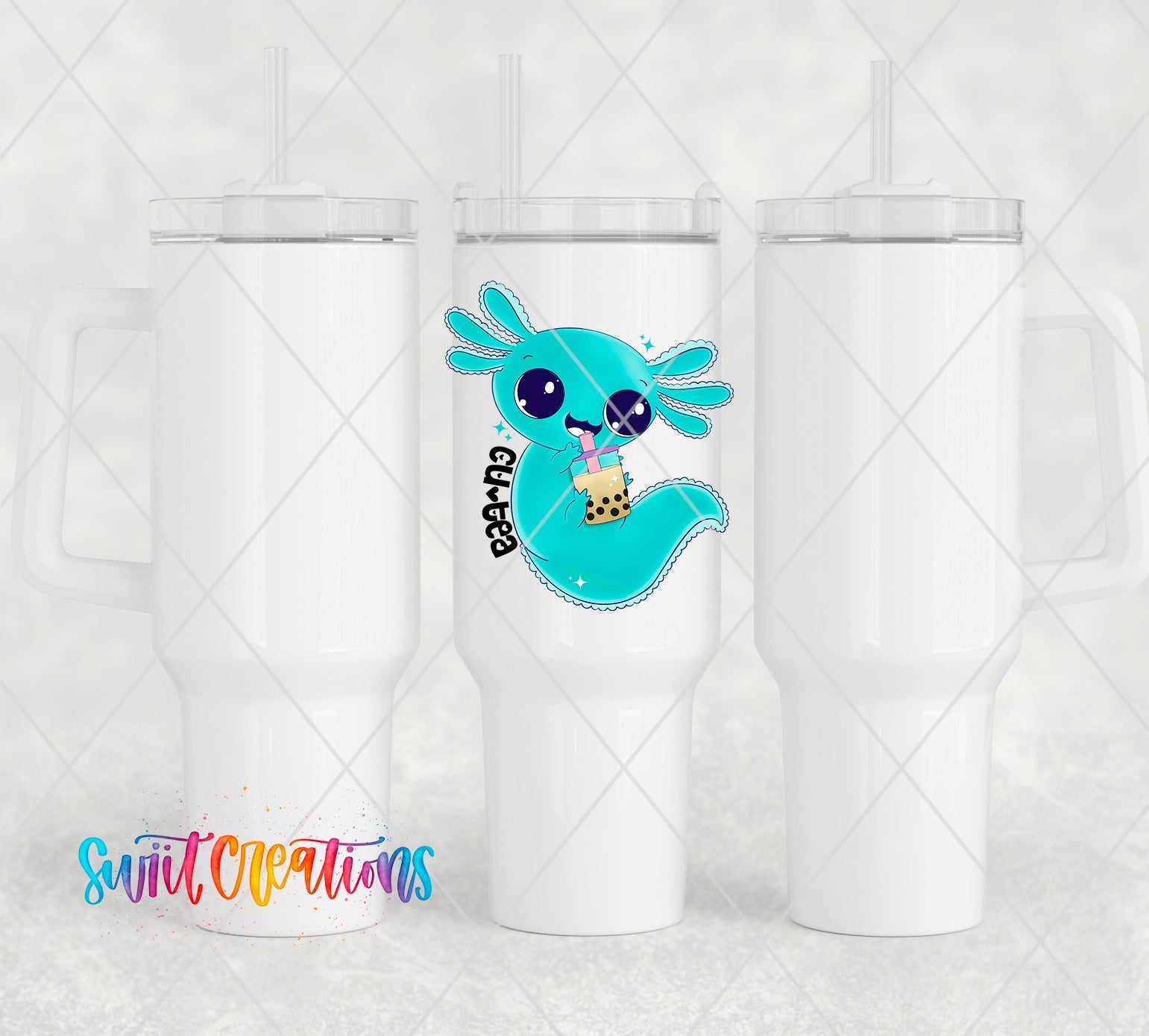 two white tumblers with a cartoon character on them