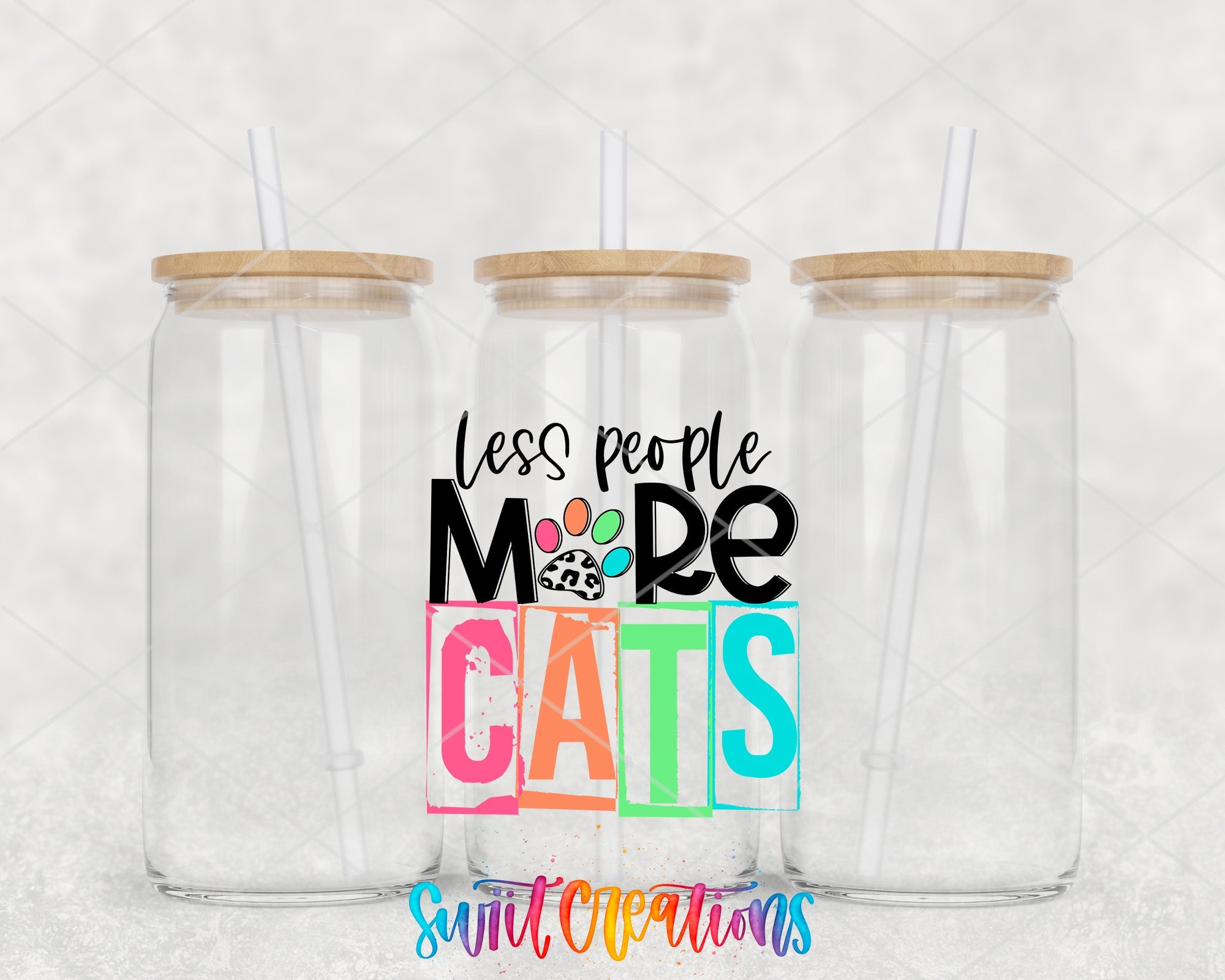 two clear tumblers with the words less people more cats on them
