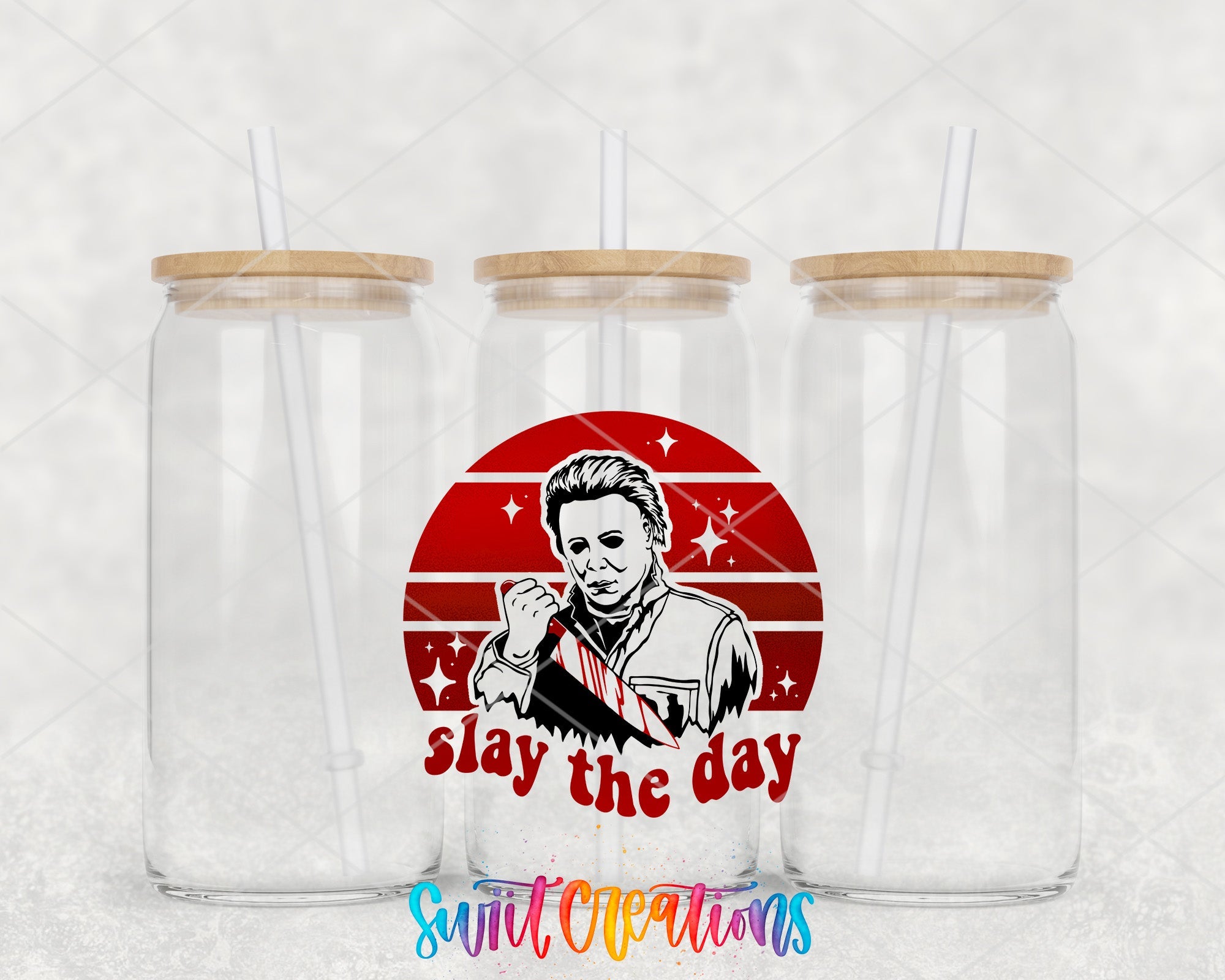 two clear tumblers with a picture of a person on them