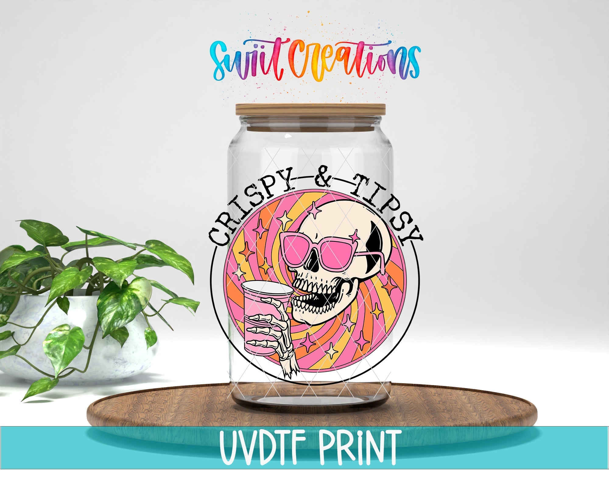 a glass jar with a skull and sunglasses on it