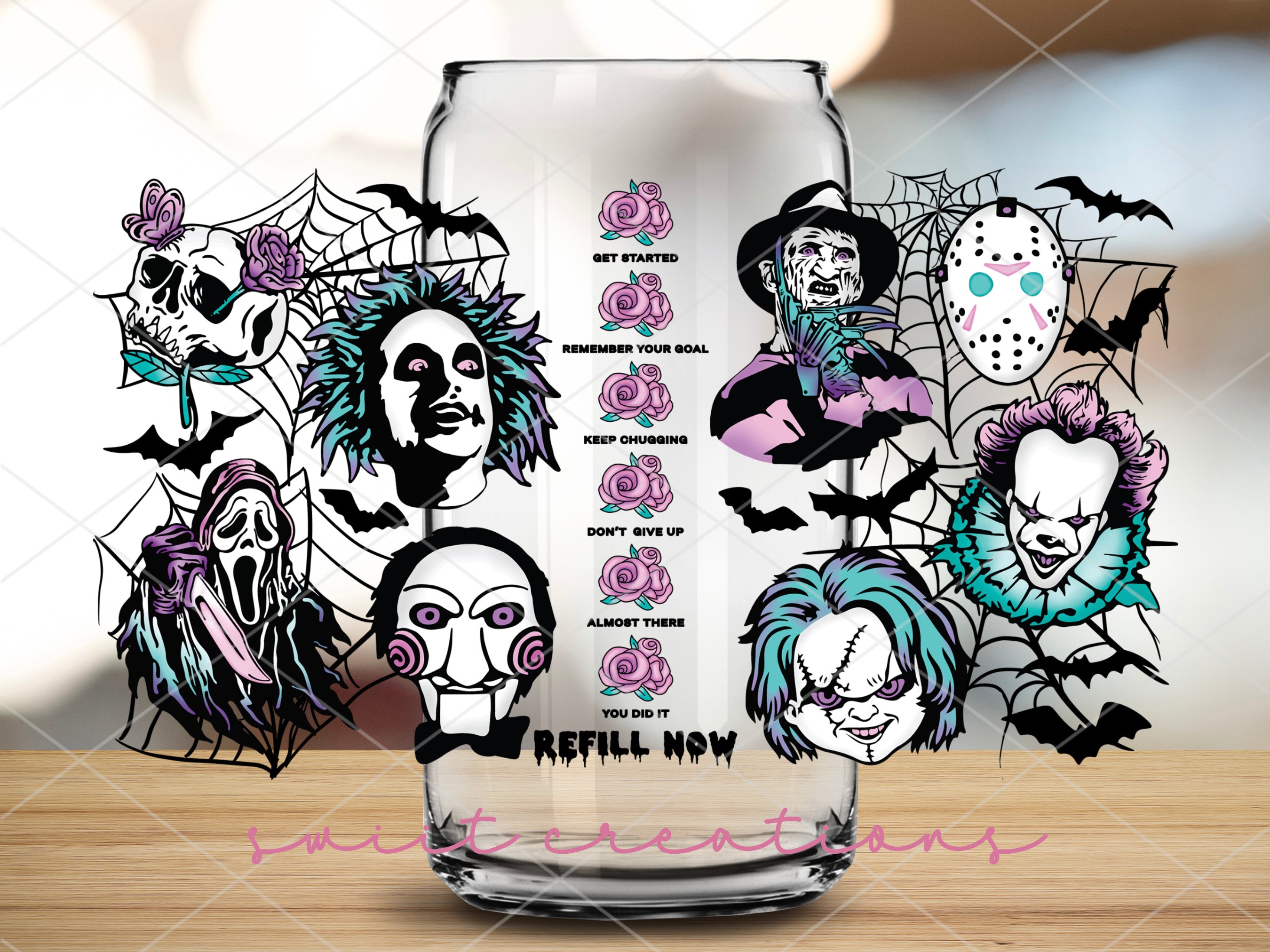 a glass with a picture of clowns on it